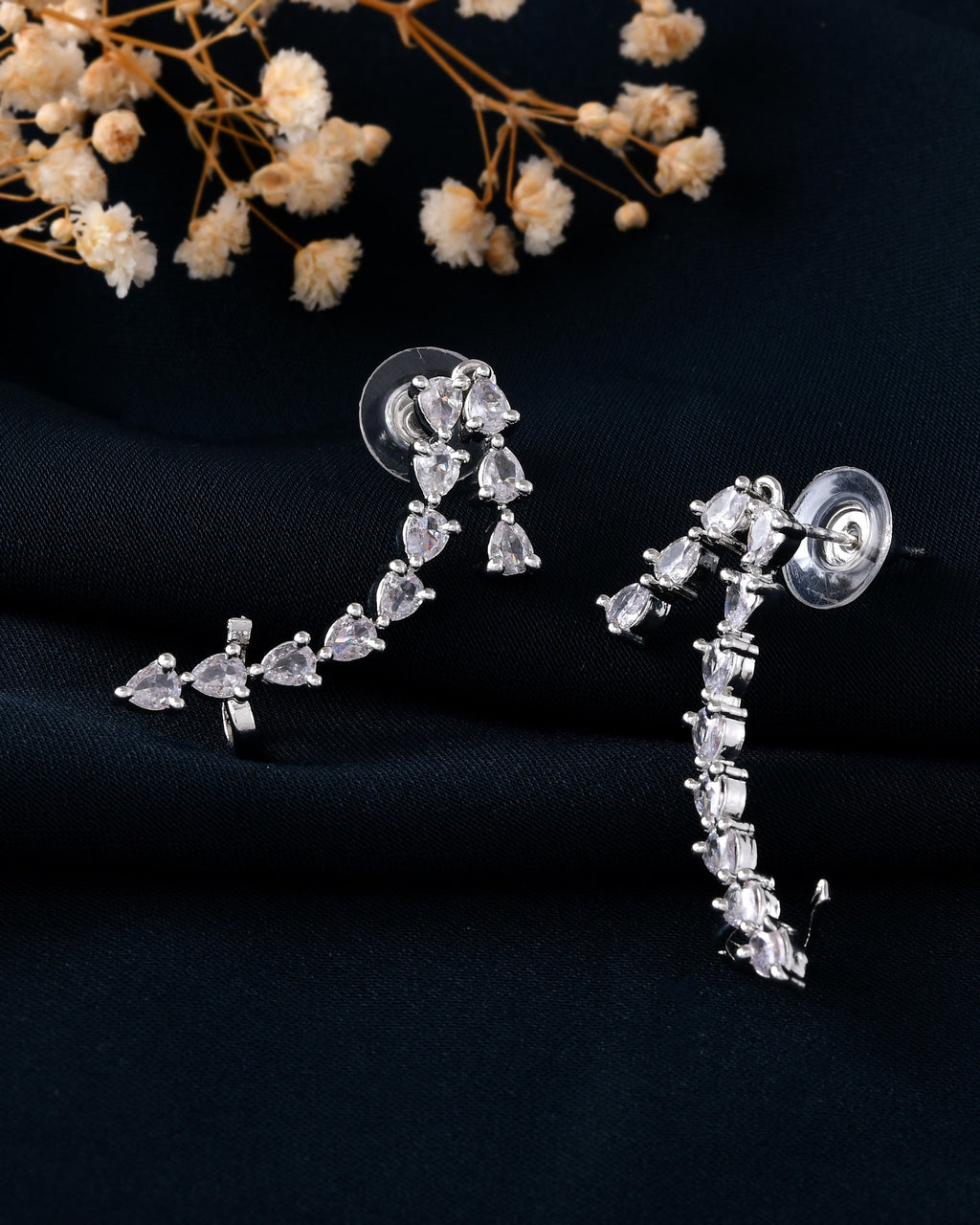 VOJ Silver Plated Cz Stone Studded Teardrop Shaped Ear Cuff Earrings