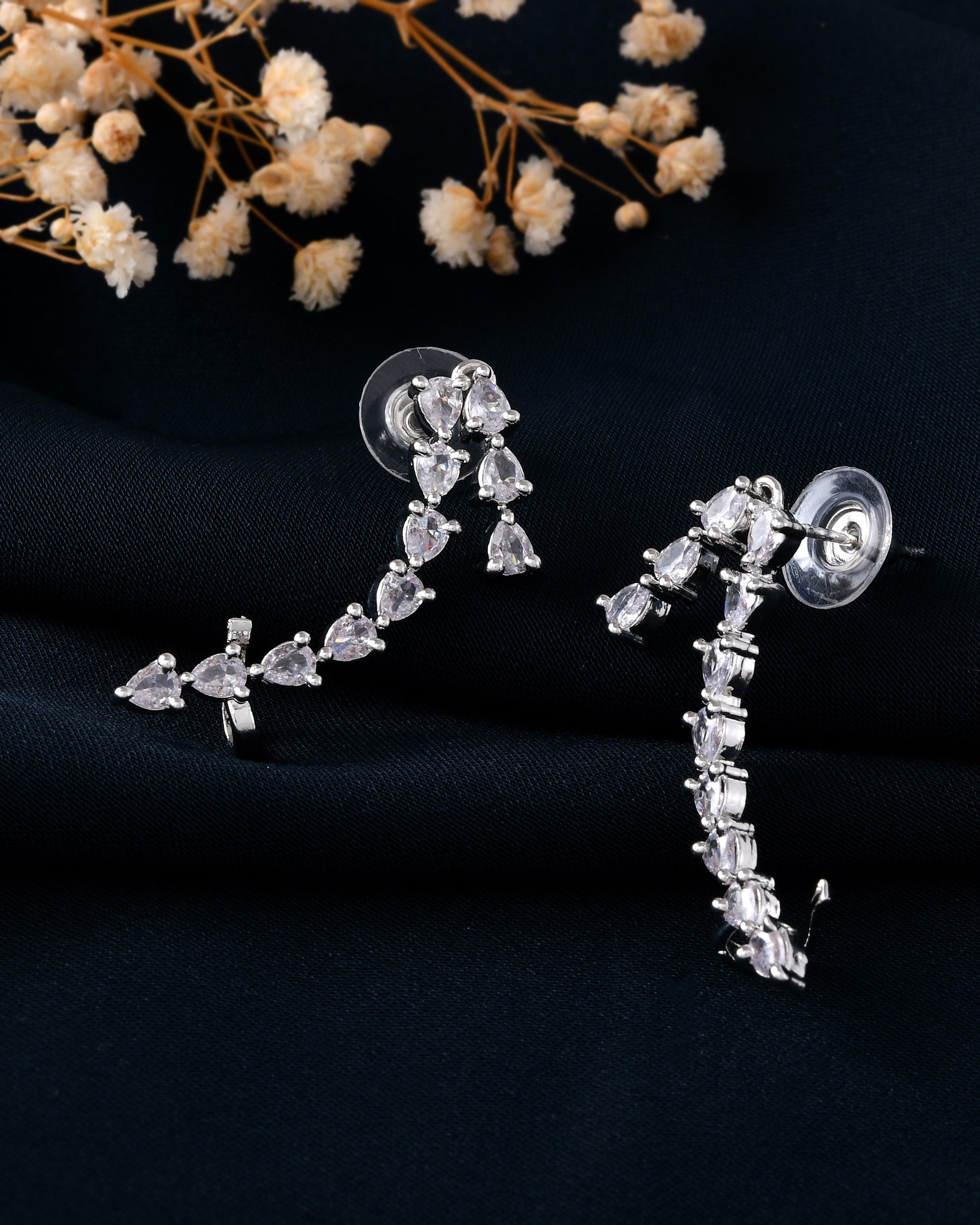 VOJ Silver Plated Cz Stone Studded Teardrop Shaped Ear Cuff Earrings