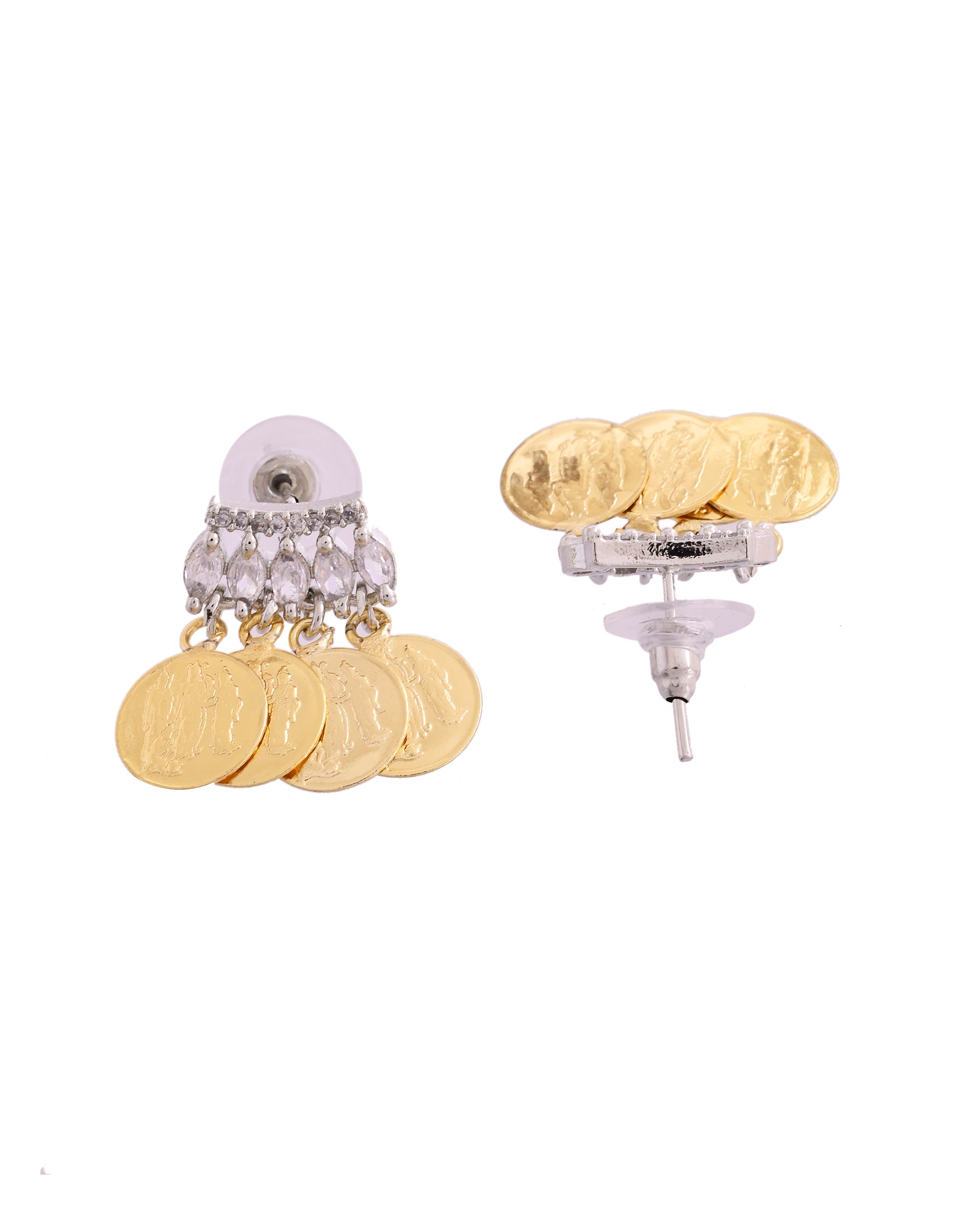 VOJ Gold Polished Small Coin & Stone Studded Studs Earrings