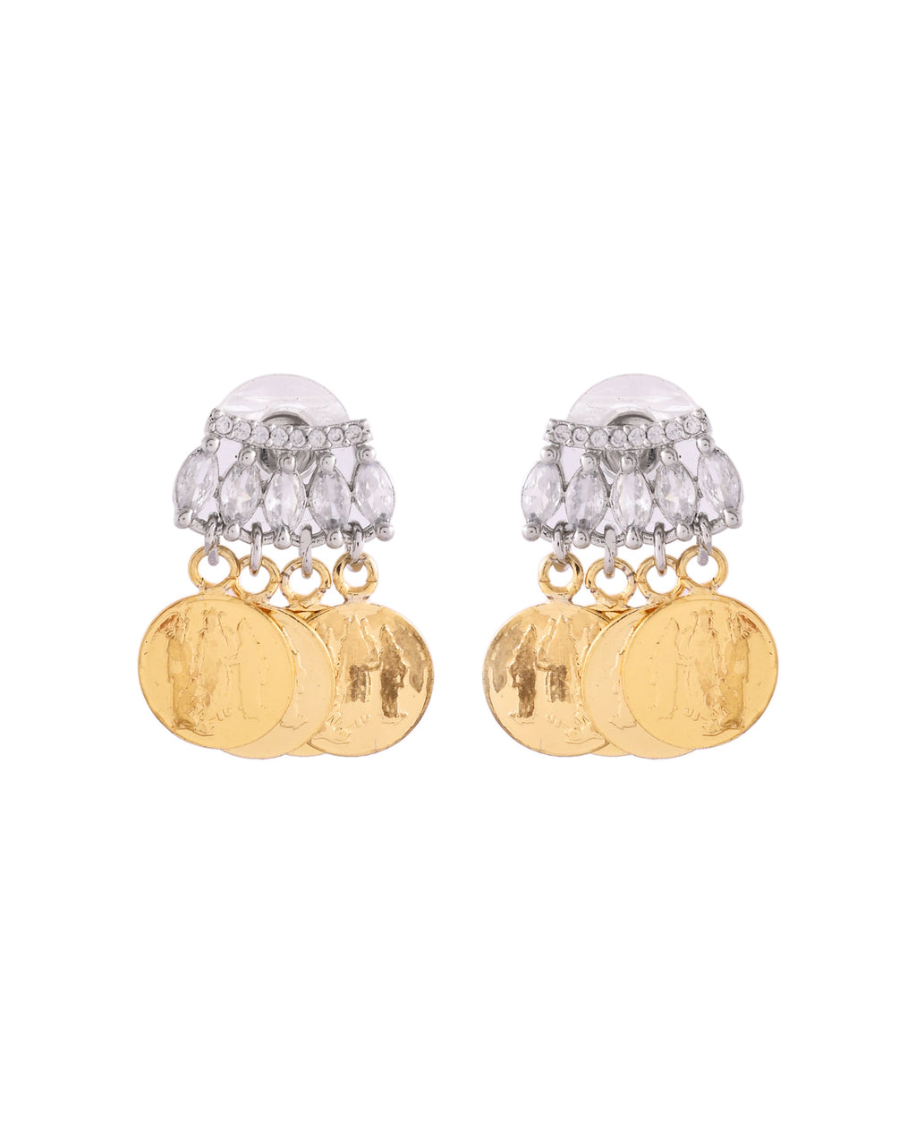 VOJ Gold Polished Small Coin & Stone Studded Studs Earrings