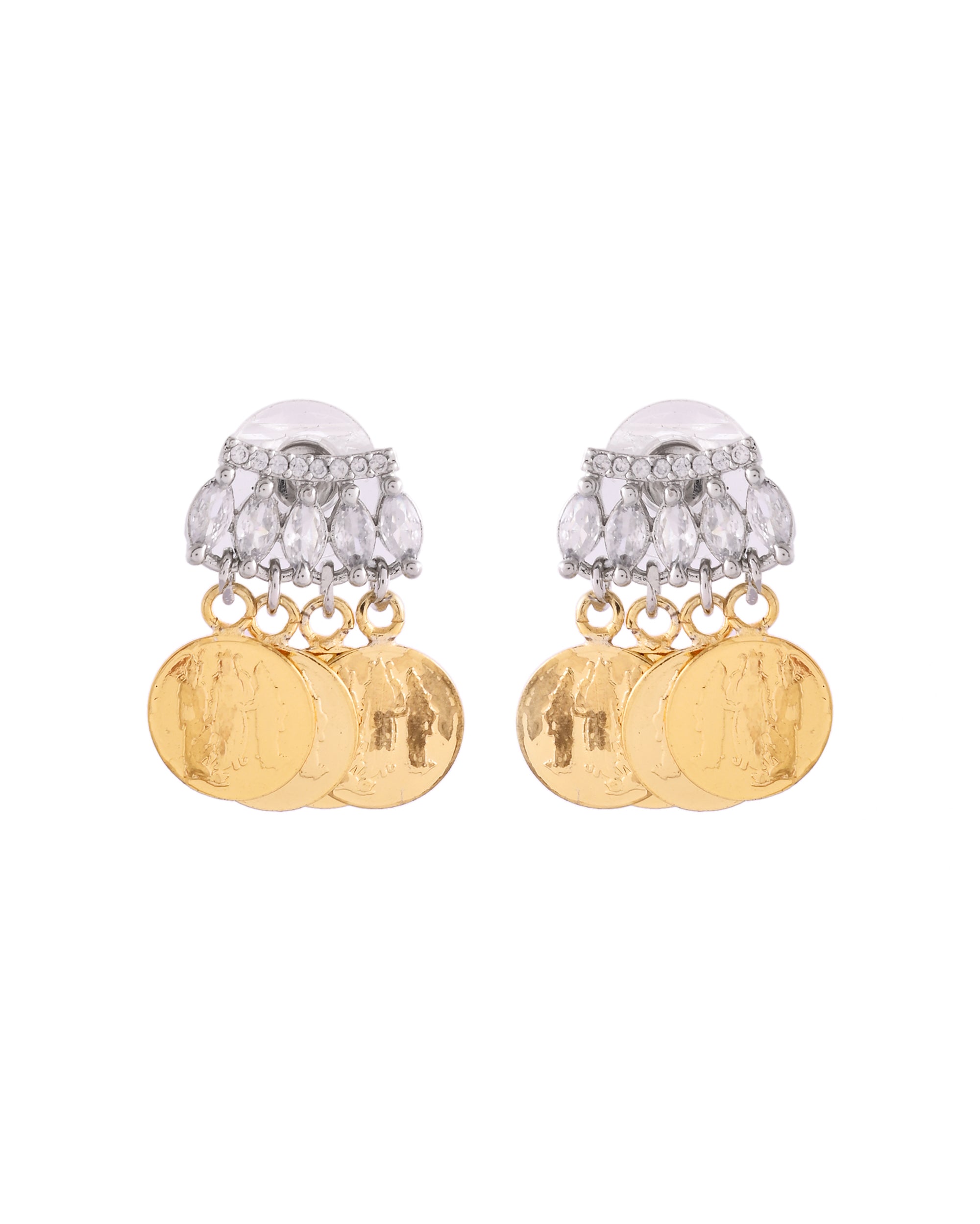 VOJ Gold Polished Small Coin & Stone Studded Studs Earrings