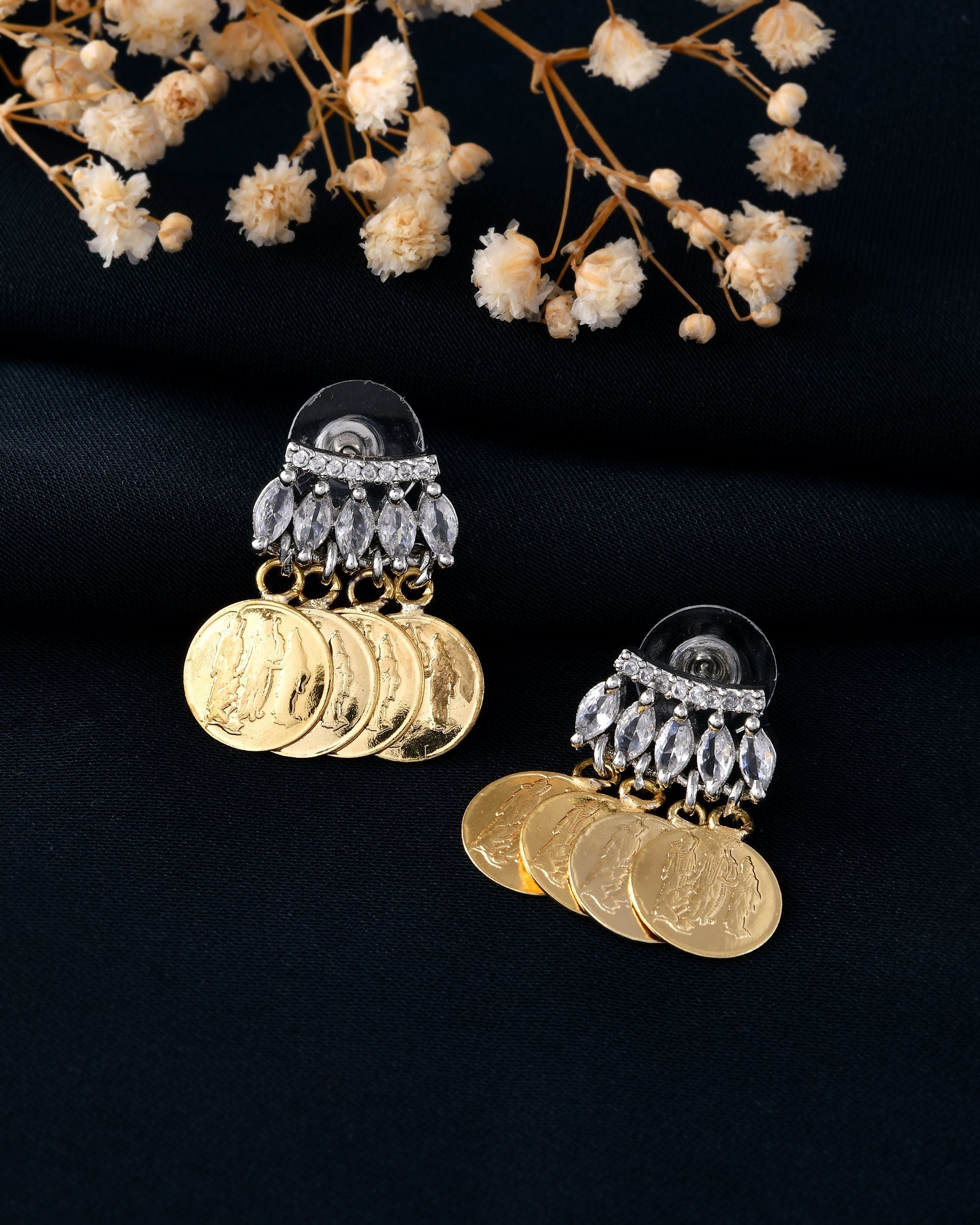 VOJ Gold Polished Small Coin & Stone Studded Studs Earrings