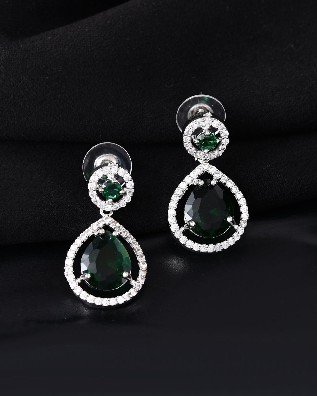 VOJ Silver Plated Green Stone Studded Teardrop Shaped Earrings