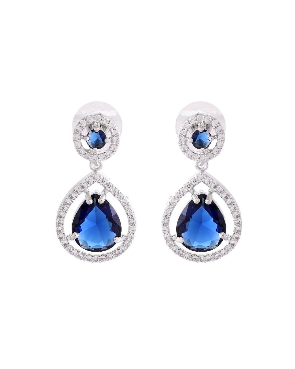 VOJ Silver Plated Blue Stone Studded Teardrop Shaped Earrings