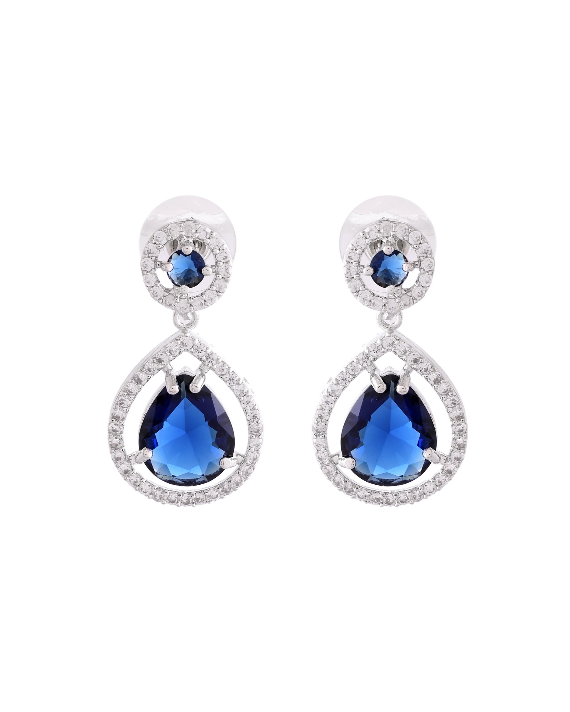 VOJ Silver Plated Blue Stone Studded Teardrop Shaped Earrings