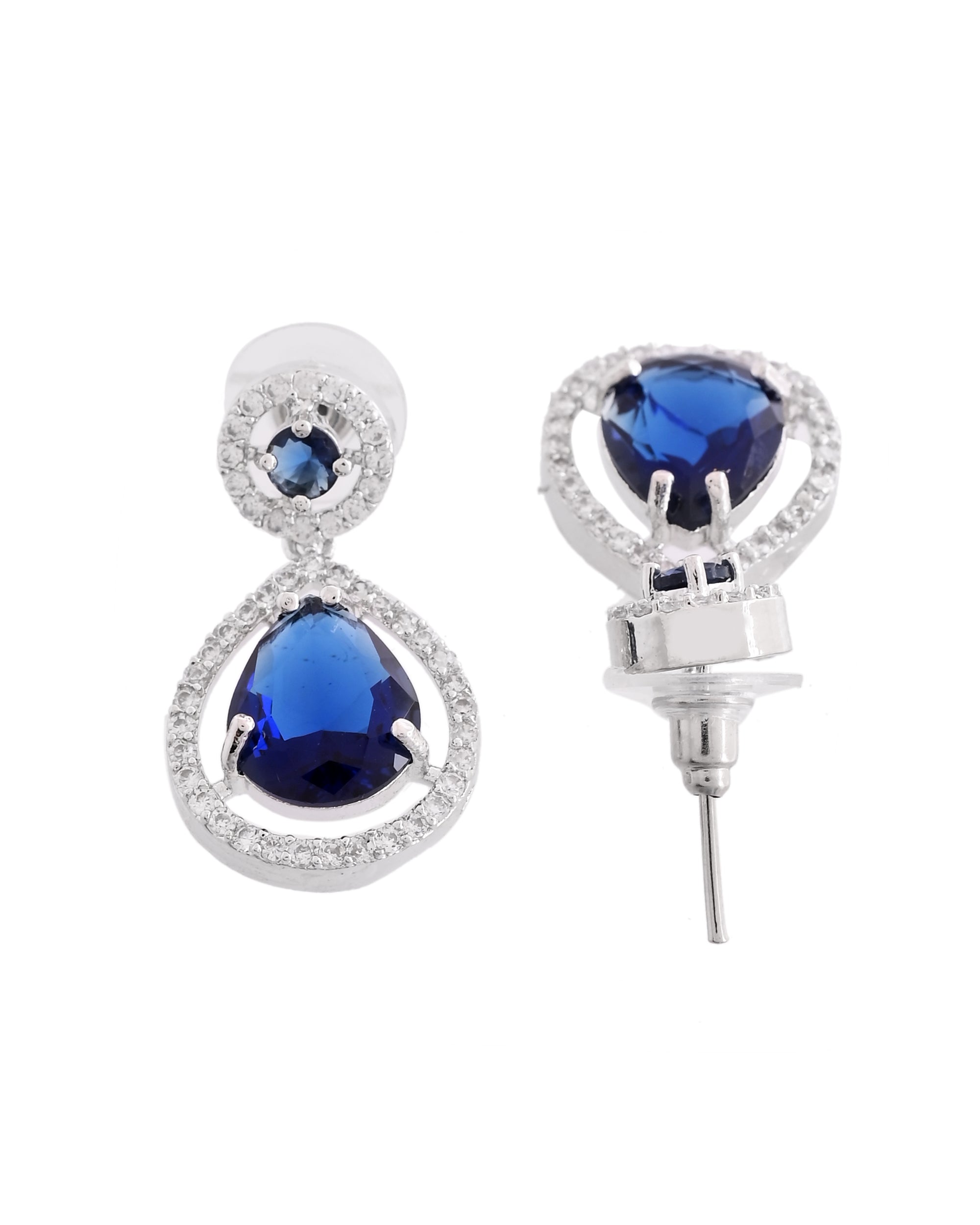VOJ Silver Plated Blue Stone Studded Teardrop Shaped Earrings