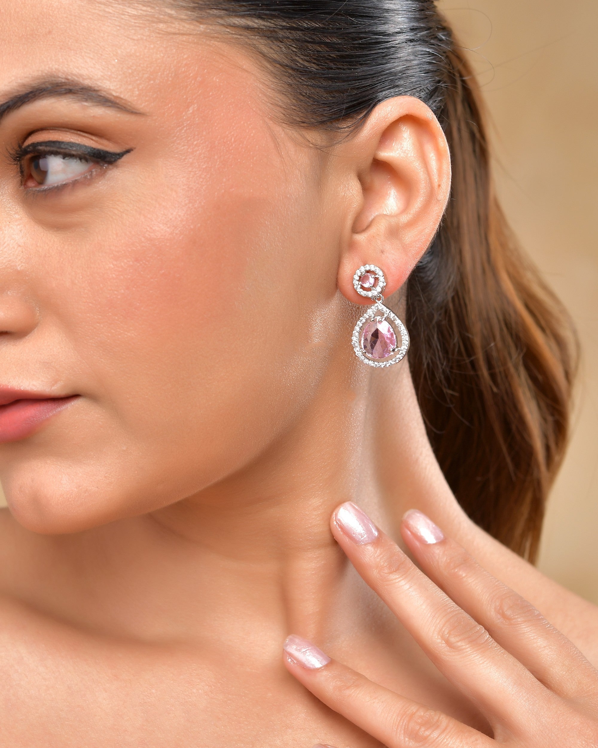 VOJ Silver Plated Baby Pink Stone Studded Teardrop Shaped Earrings