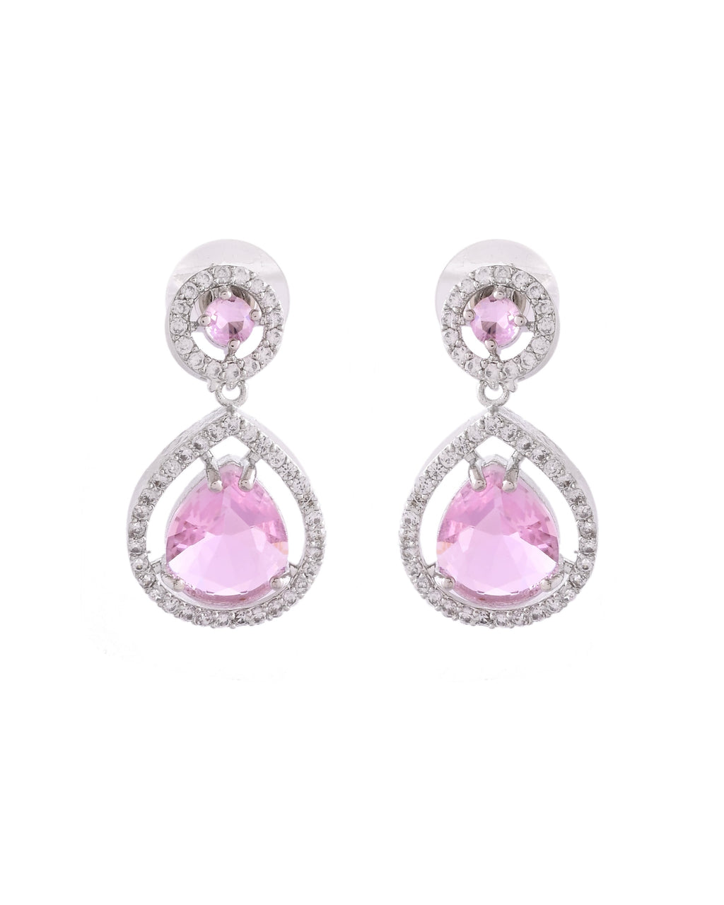 VOJ Silver Plated Baby Pink Stone Studded Teardrop Shaped Earrings