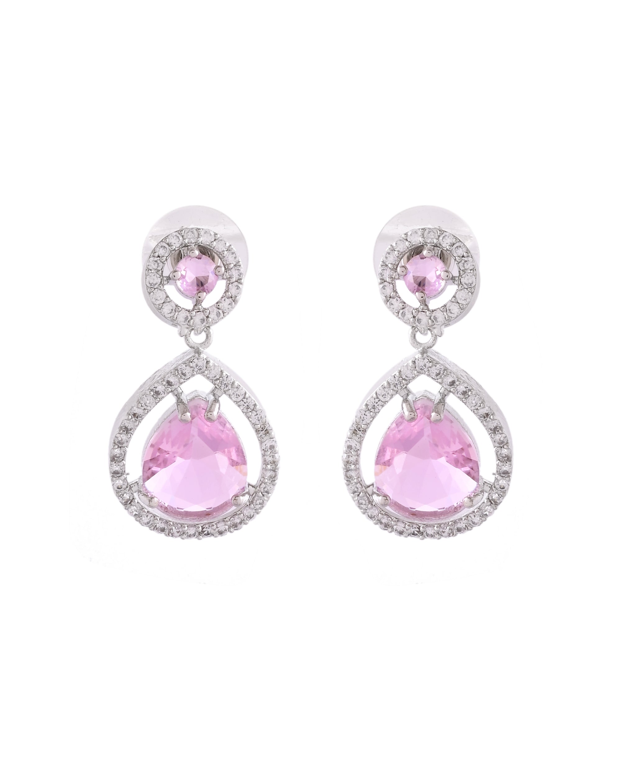 VOJ Silver Plated Baby Pink Stone Studded Teardrop Shaped Earrings