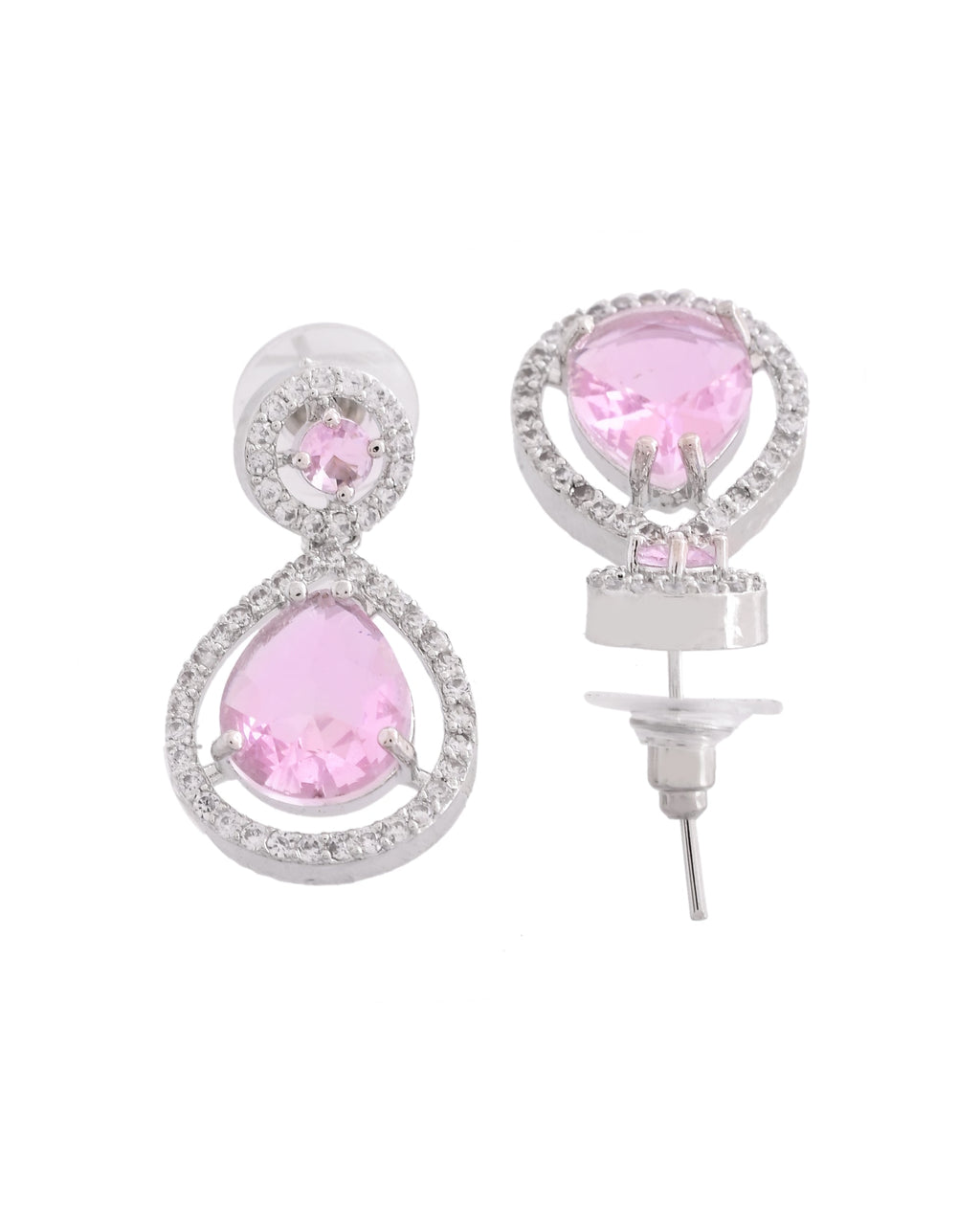 VOJ Silver Plated Baby Pink Stone Studded Teardrop Shaped Earrings