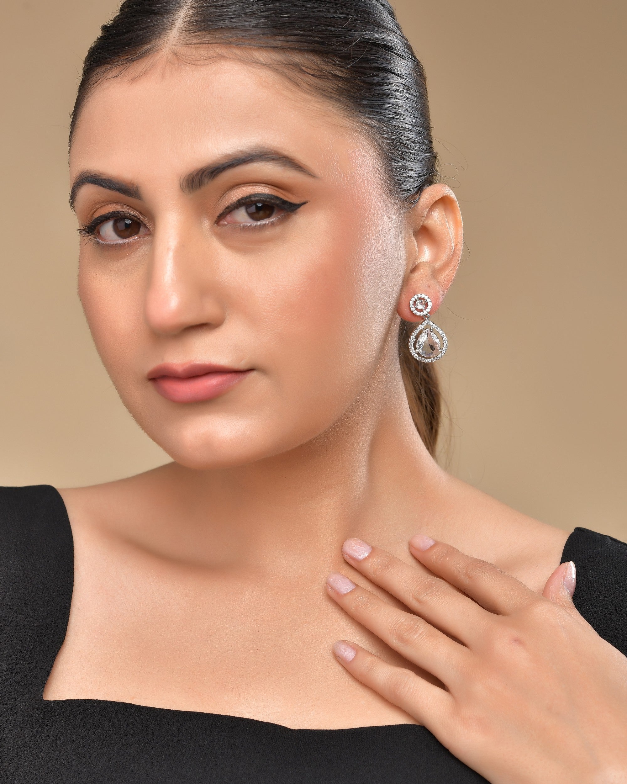 VOJ Silver Plated Stone Studded Teardrop Shaped Earrings