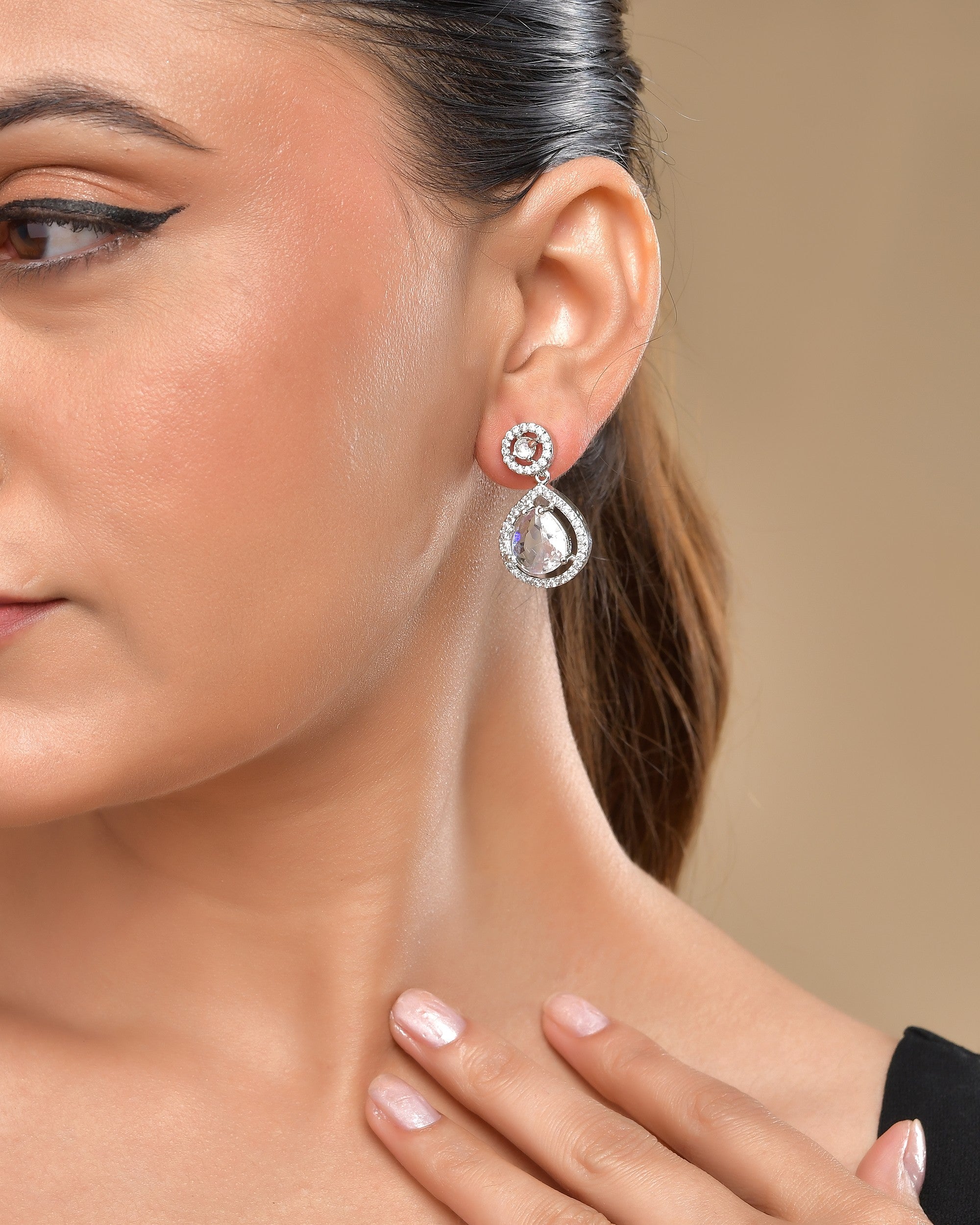 VOJ Silver Plated Stone Studded Teardrop Shaped Earrings