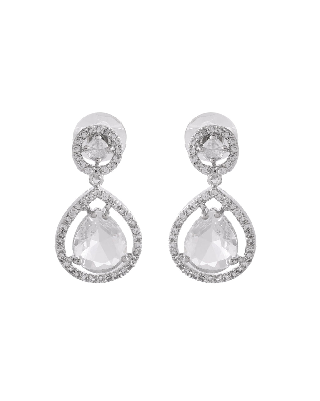 VOJ Silver Plated Stone Studded Teardrop Shaped Earrings
