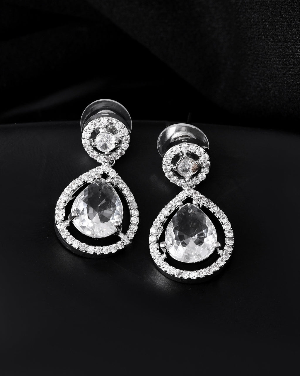 VOJ Silver Plated Stone Studded Teardrop Shaped Earrings