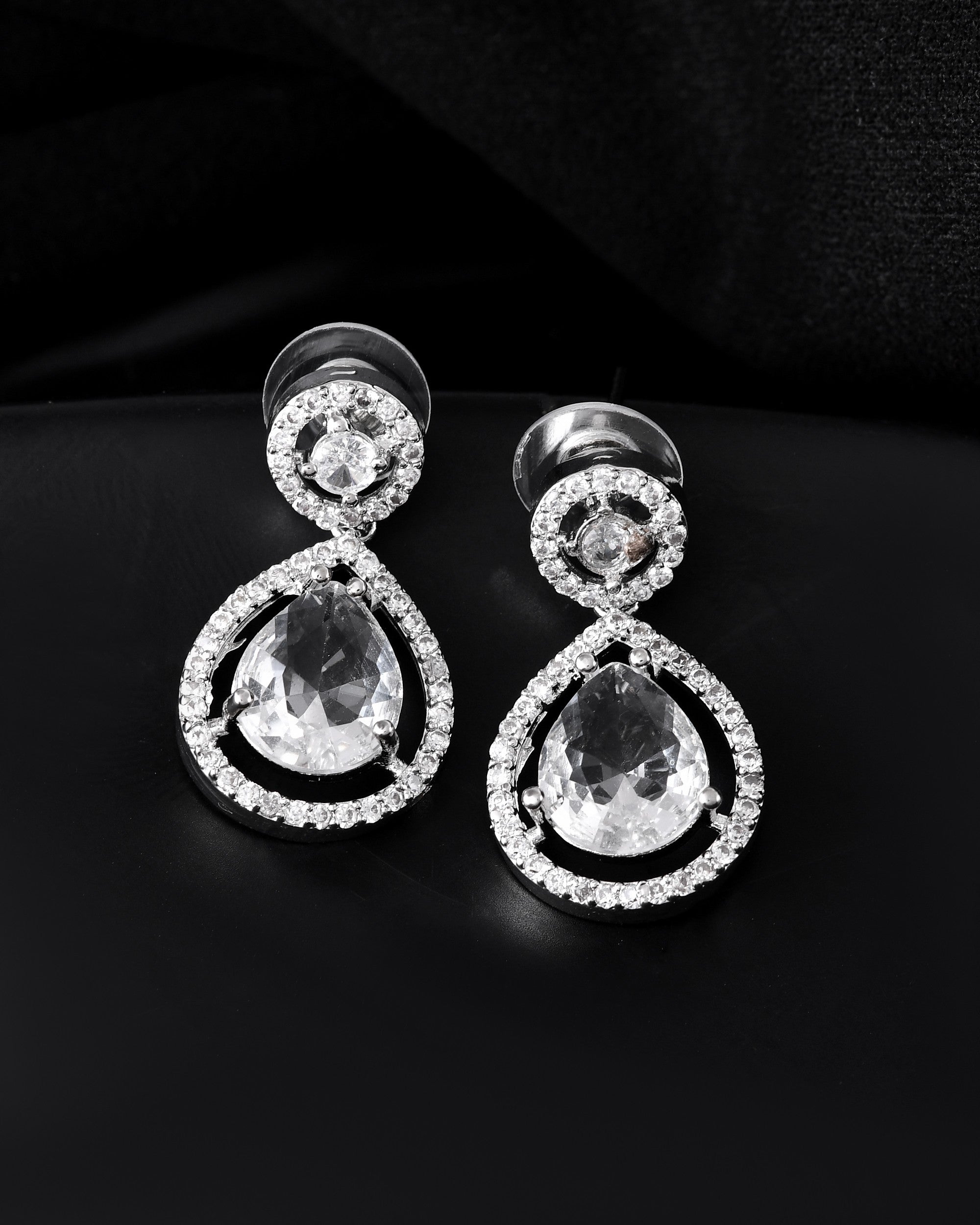 VOJ Silver Plated Stone Studded Teardrop Shaped Earrings