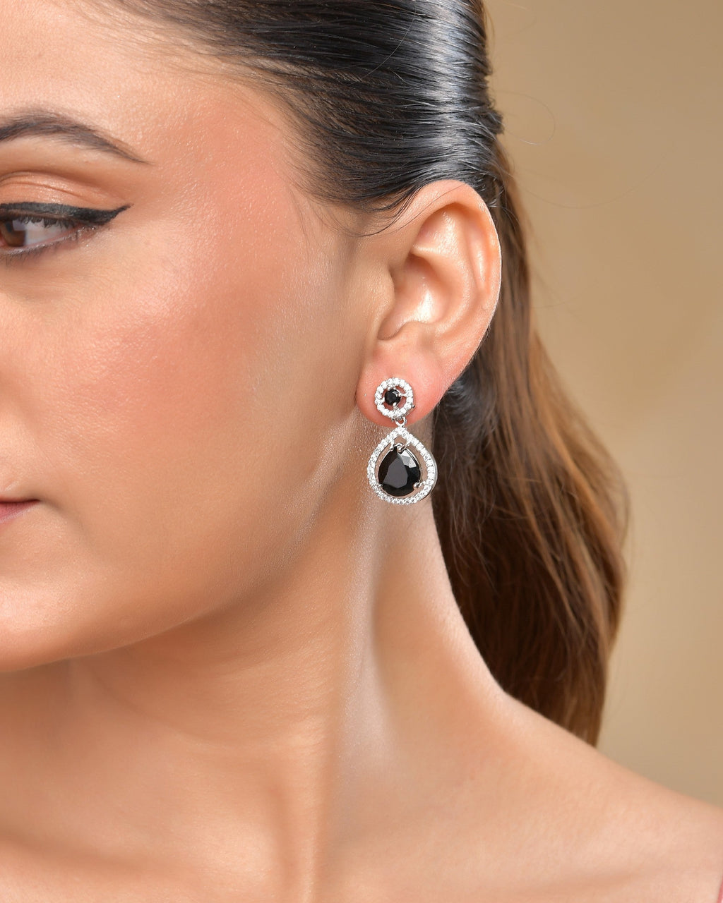 VOJ Silver Plated Black Stone Studded Teardrop Shaped Earrings