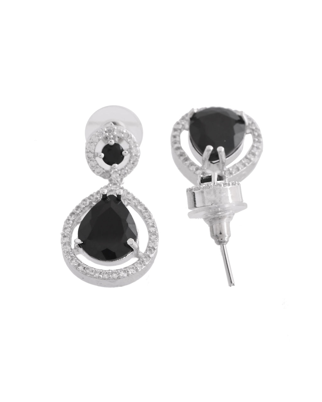 VOJ Silver Plated Black Stone Studded Teardrop Shaped Earrings