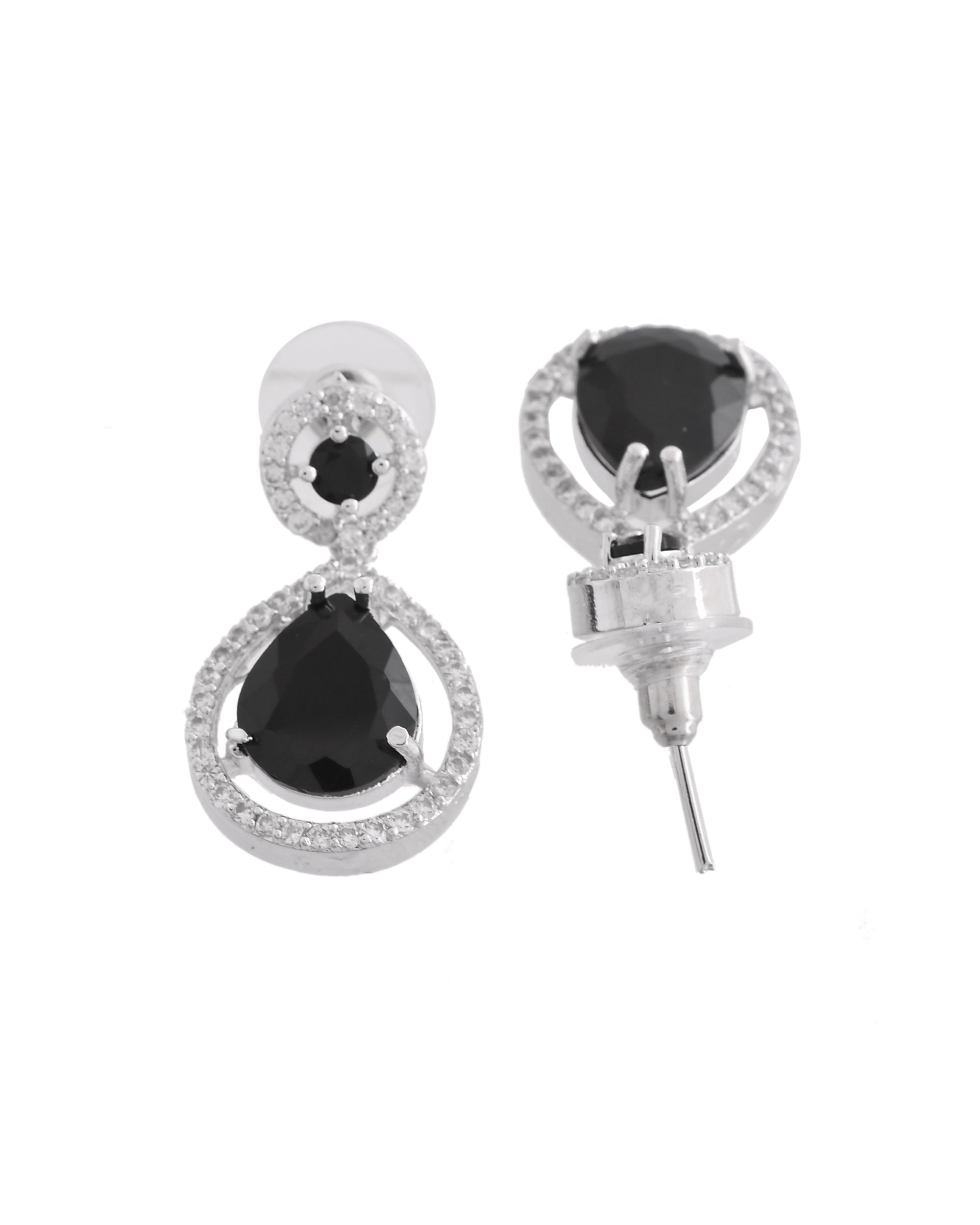 VOJ Silver Plated Black Stone Studded Teardrop Shaped Earrings
