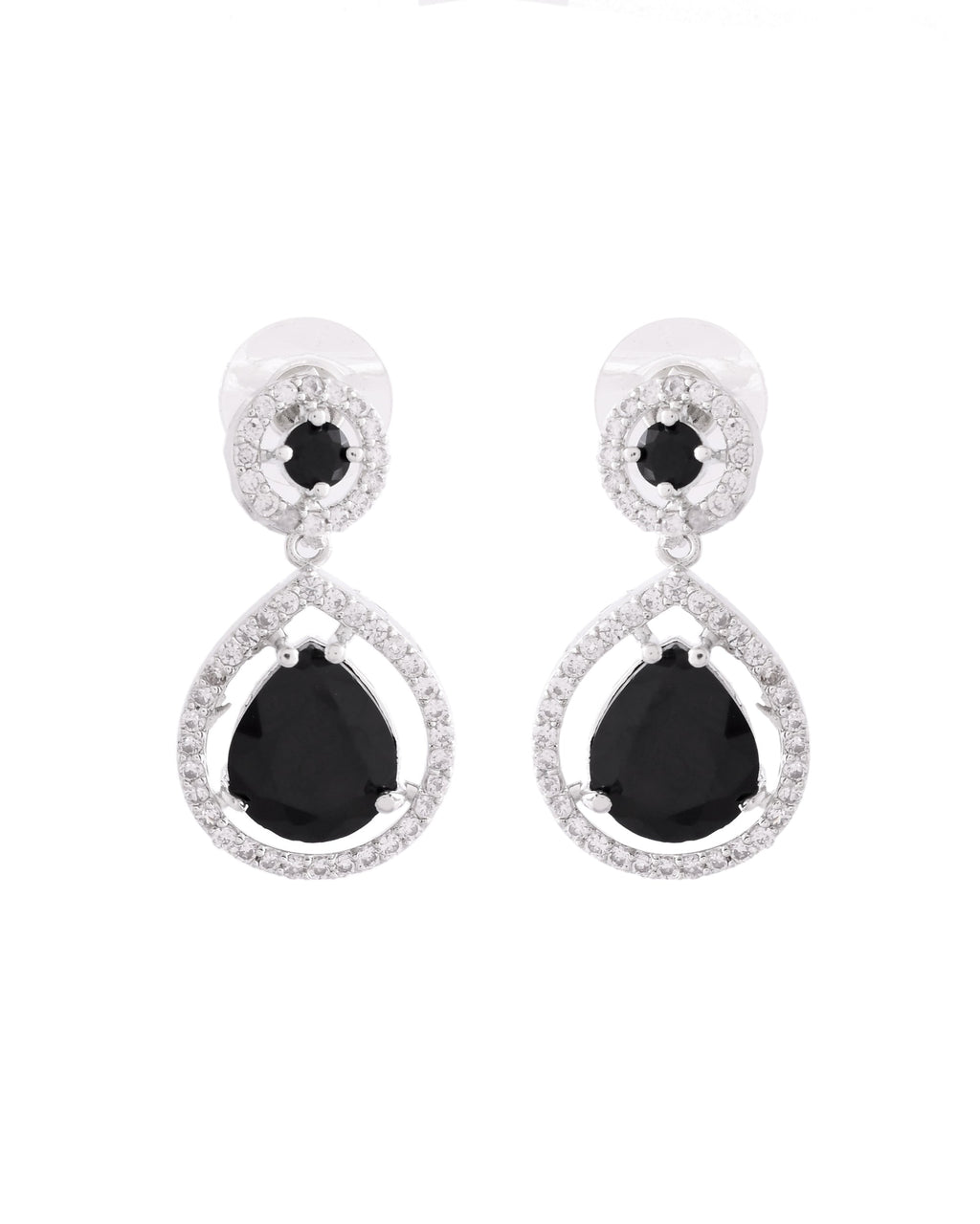VOJ Silver Plated Black Stone Studded Teardrop Shaped Earrings