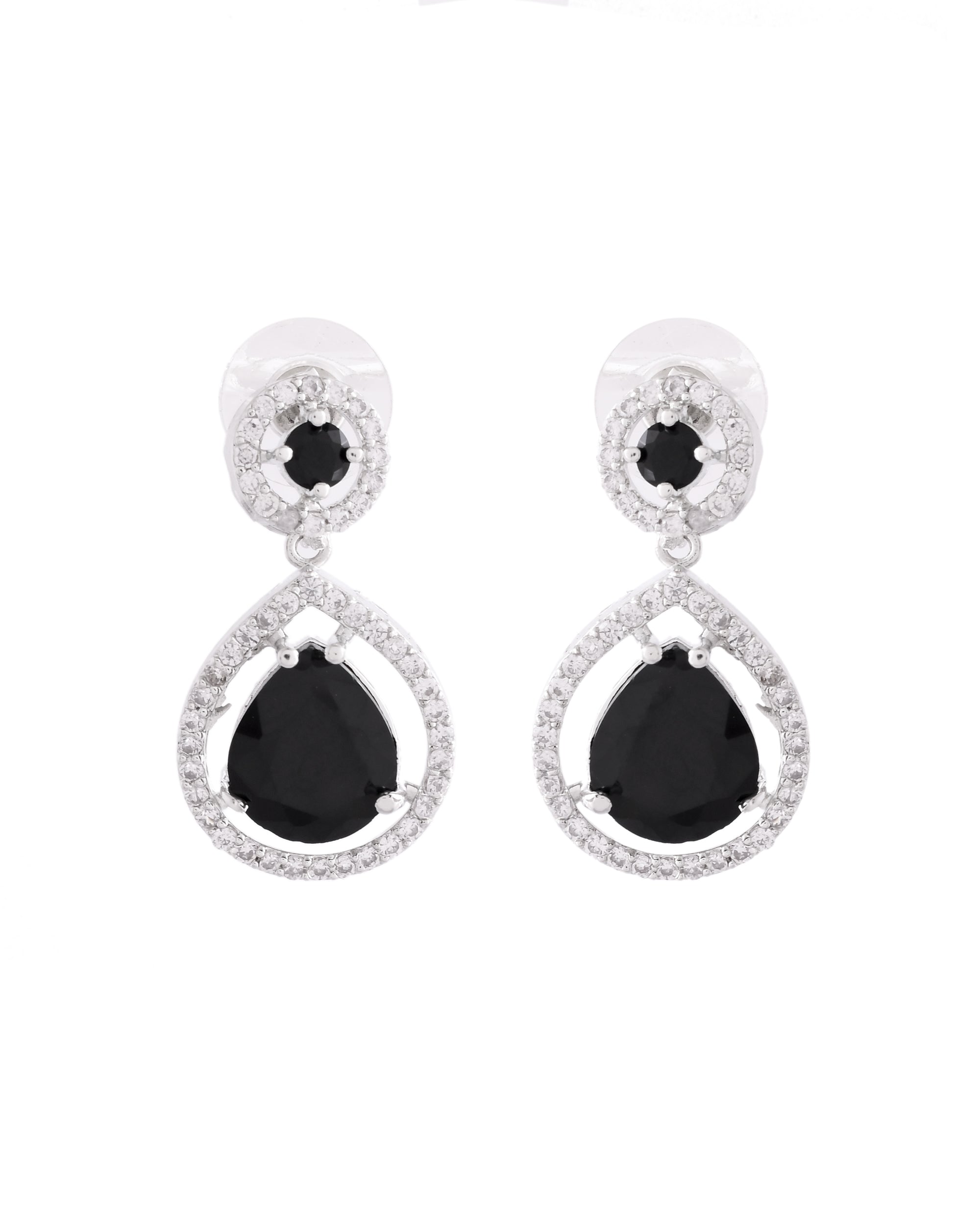 VOJ Silver Plated Black Stone Studded Teardrop Shaped Earrings