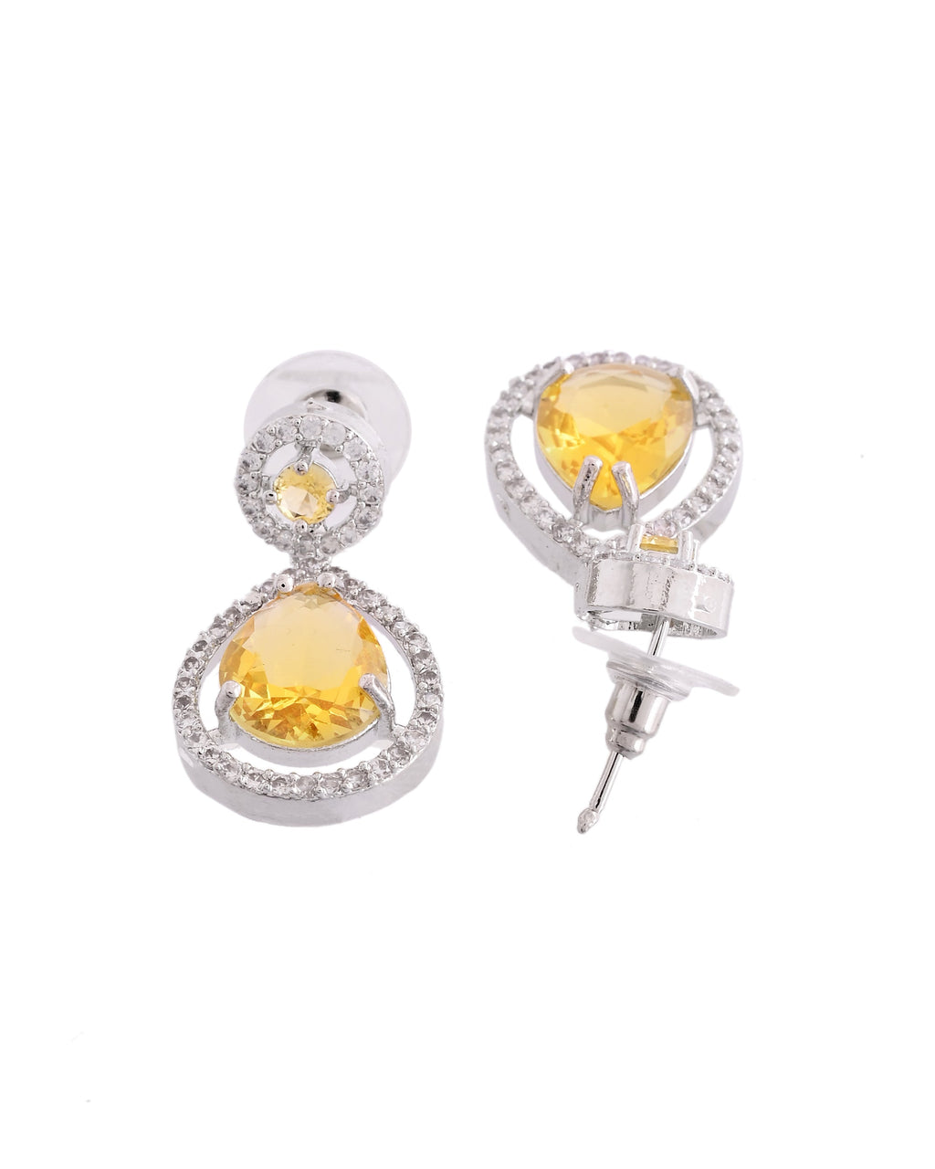 VOJ Silver Plated Yellow Stone Studded Teardrop Shaped Earrings