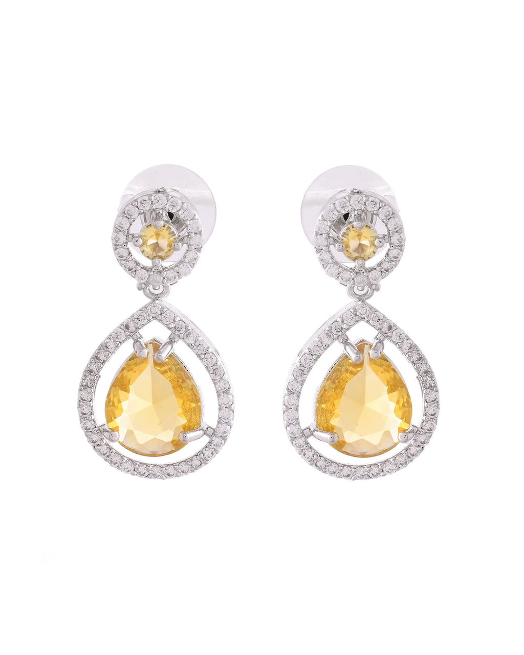 VOJ Silver Plated Yellow Stone Studded Teardrop Shaped Earrings