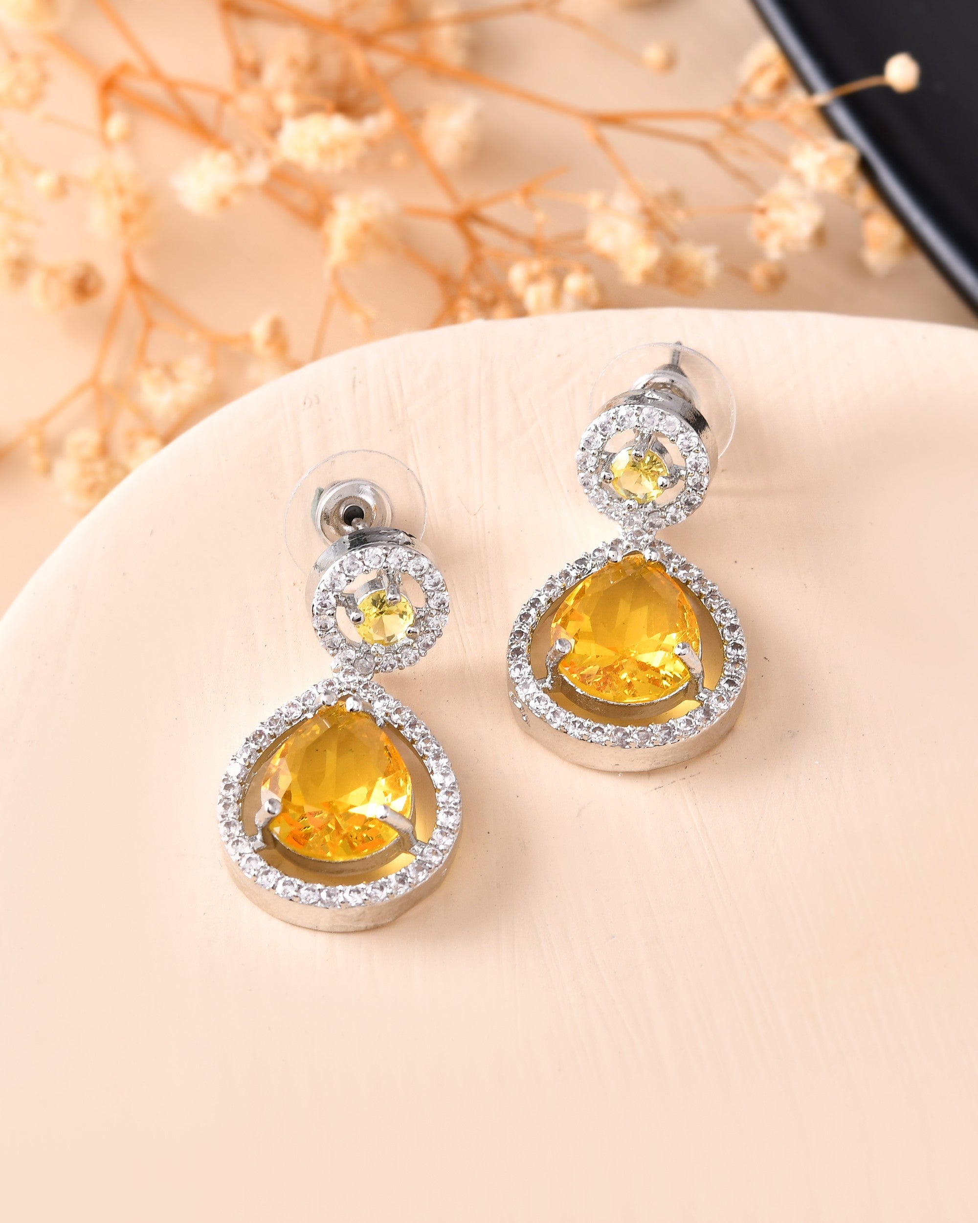 VOJ Silver Plated Yellow Stone Studded Teardrop Shaped Earrings