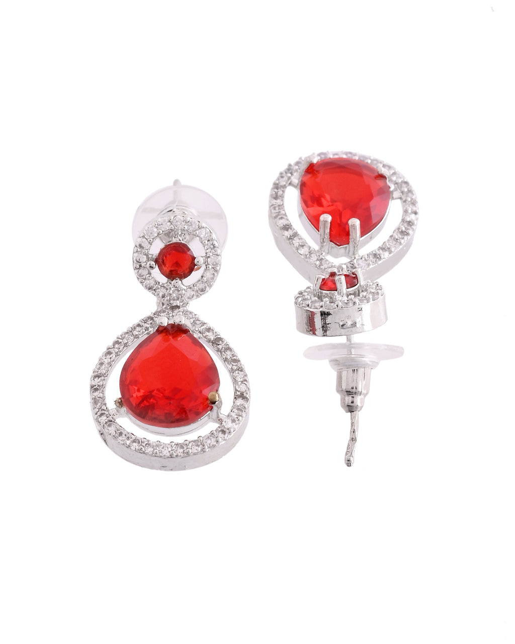 VOJ Silver Plated Red Stone Studded Teardrop Shaped Earrings