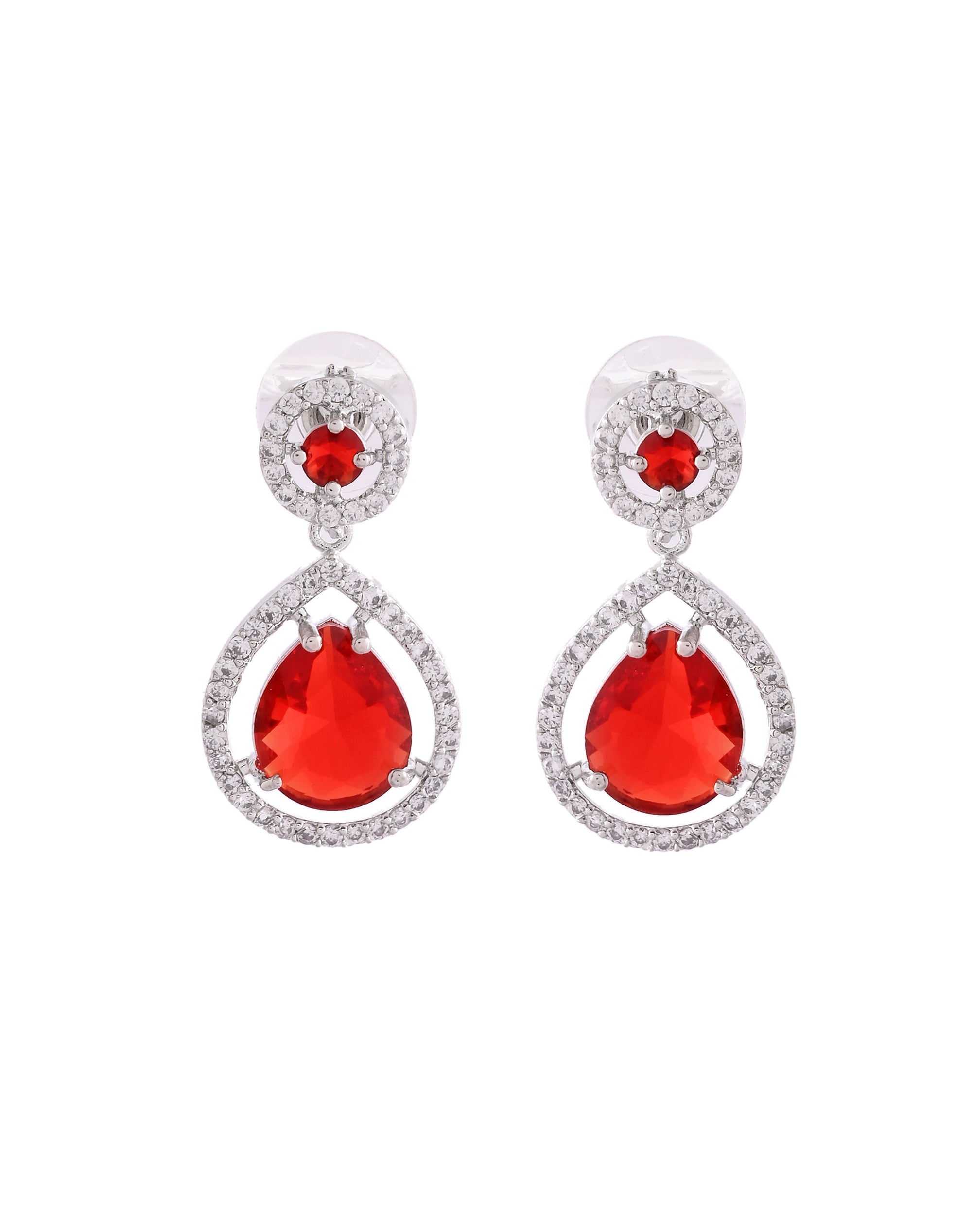 VOJ Silver Plated Red Stone Studded Teardrop Shaped Earrings