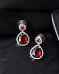 VOJ Silver Plated Red Stone Studded Teardrop Shaped Earrings