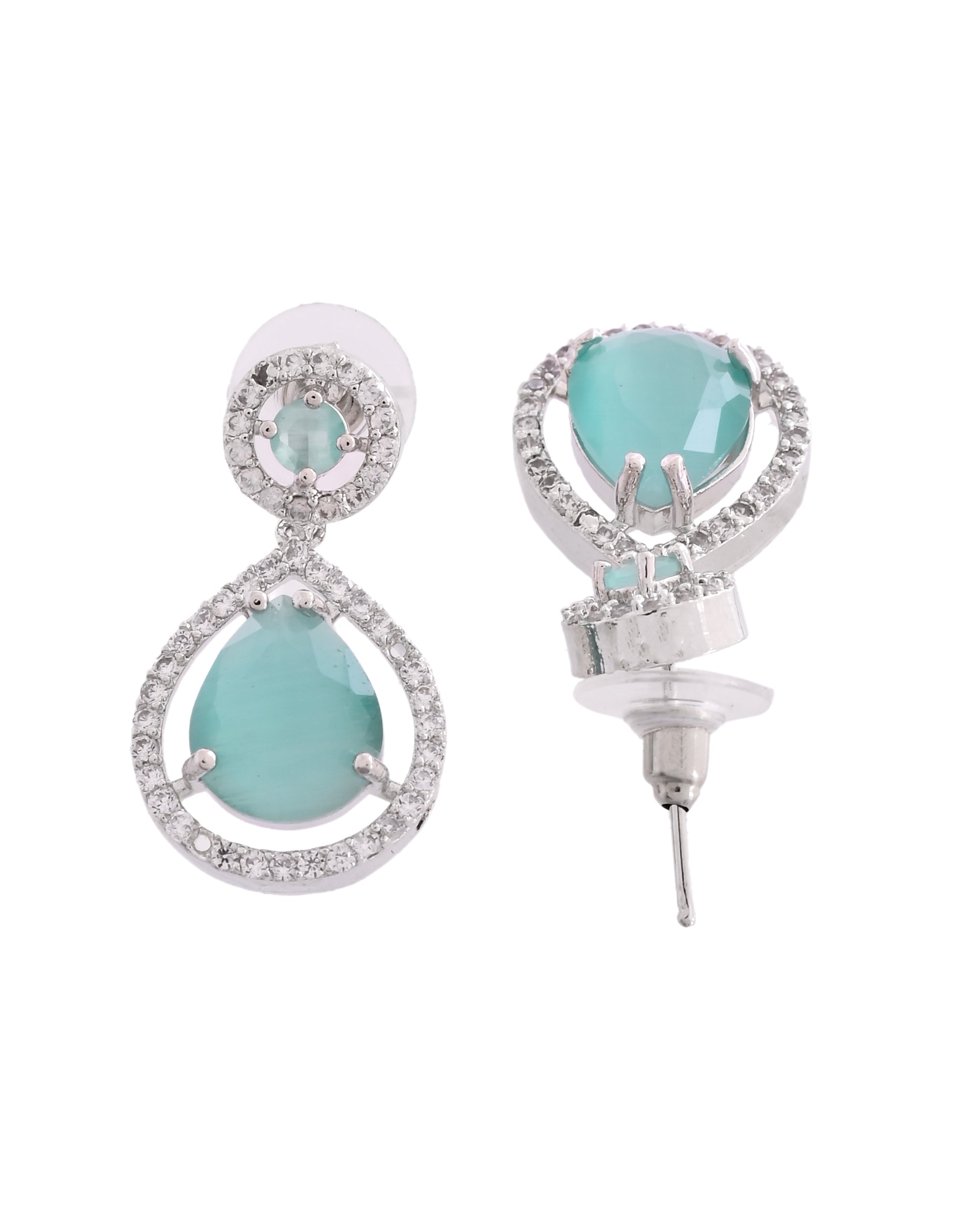 VOJ Silver Plated Sea Green Stone Studded Teardrop Shaped Earrings