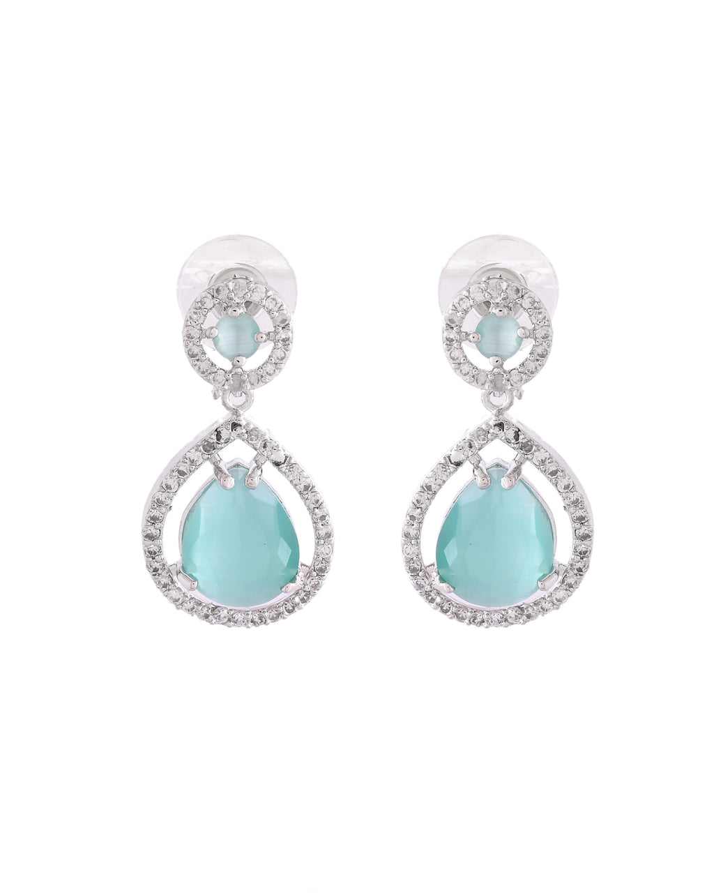 VOJ Silver Plated Sea Green Stone Studded Teardrop Shaped Earrings
