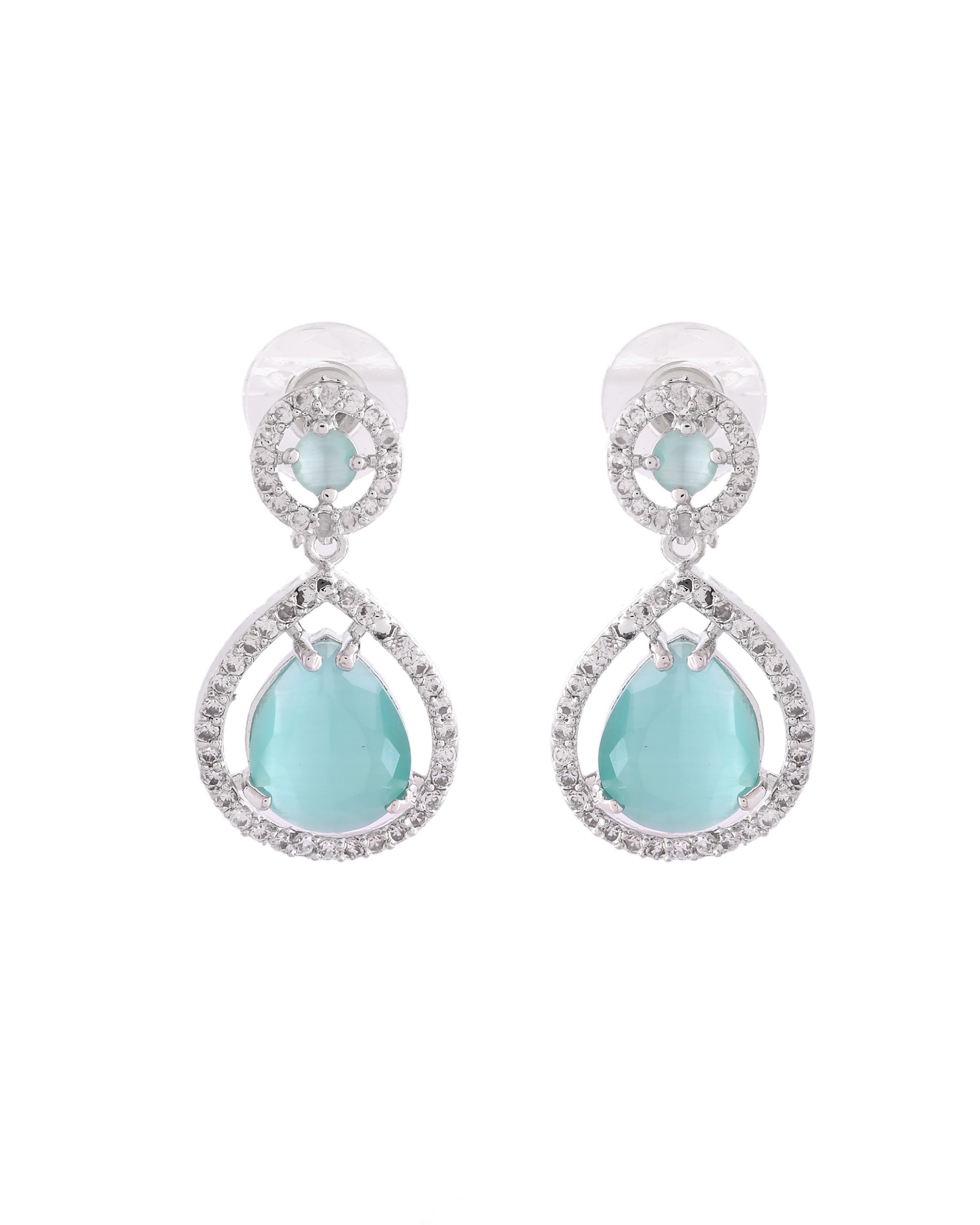 VOJ Silver Plated Sea Green Stone Studded Teardrop Shaped Earrings
