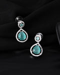 VOJ Silver Plated Sea Green Stone Studded Teardrop Shaped Earrings