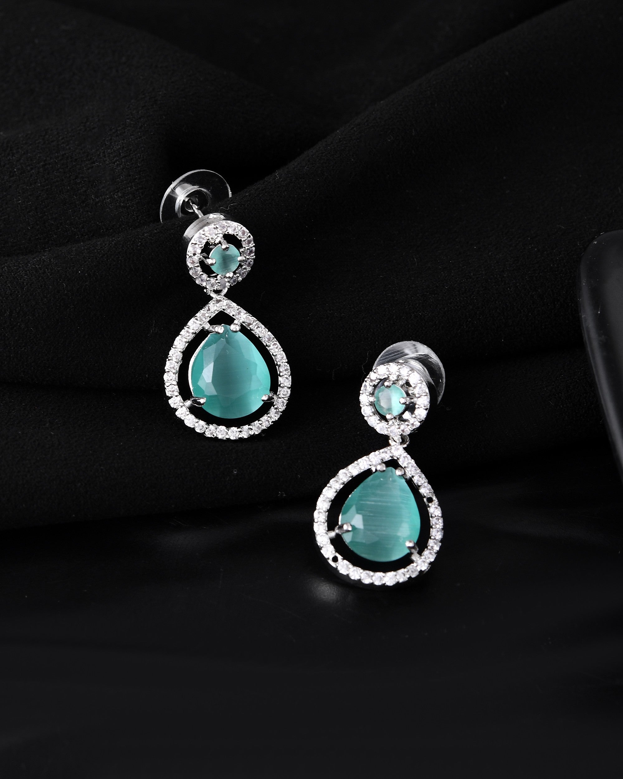 VOJ Silver Plated Sea Green Stone Studded Teardrop Shaped Earrings