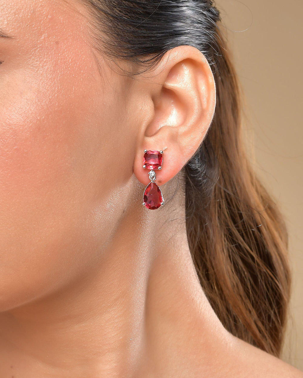 VOJ Silver Plated Red Stone Studded Studs Earrings