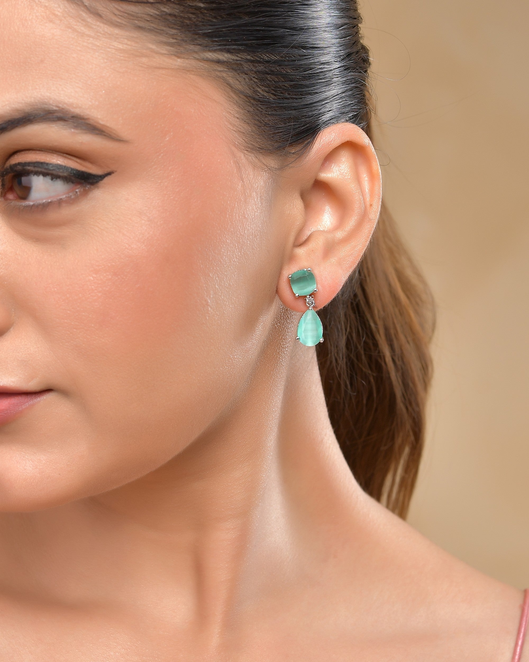 VOJ Silver Plated Sea Green Stone Studded Studs Earrings