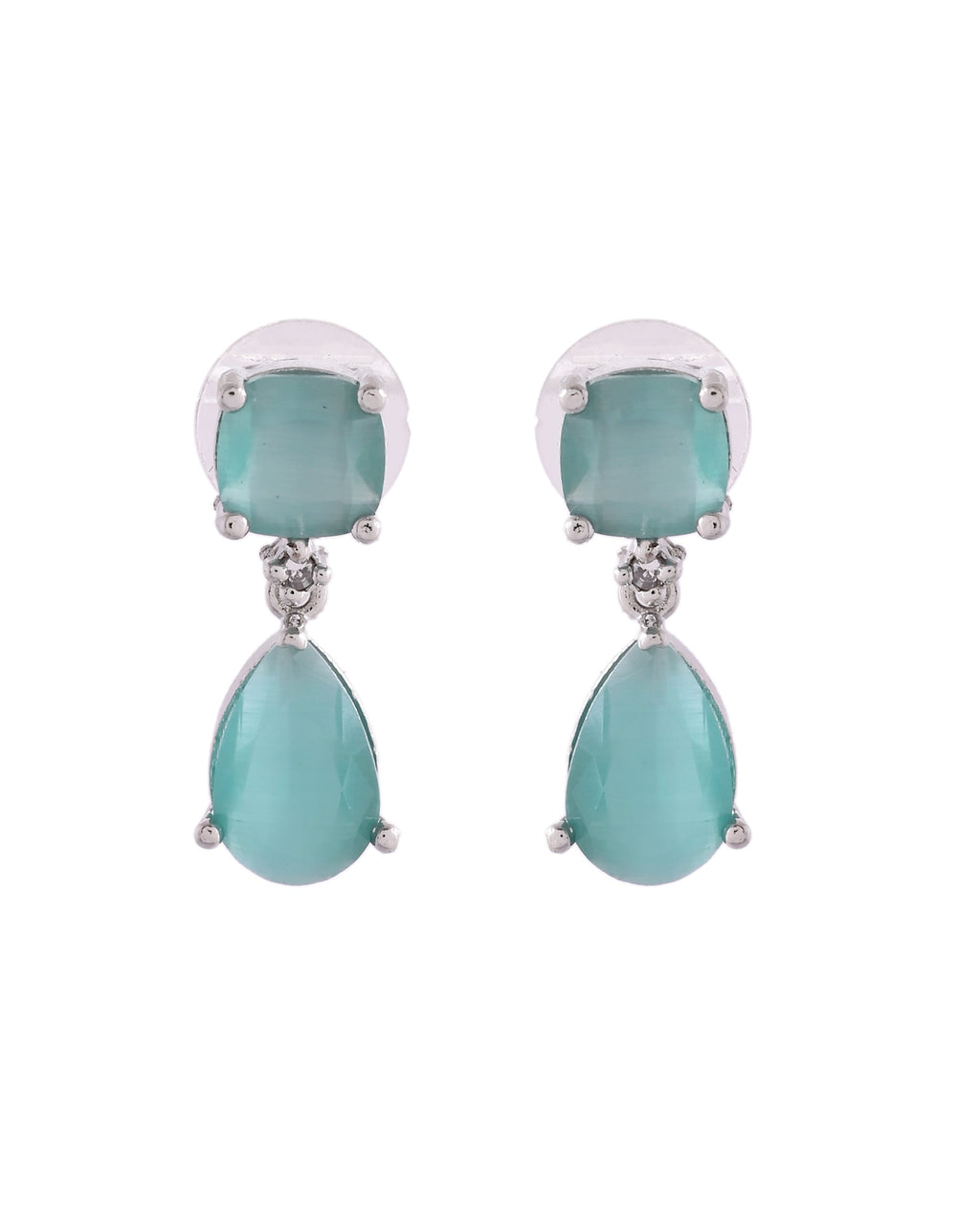 VOJ Silver Plated Sea Green Stone Studded Studs Earrings