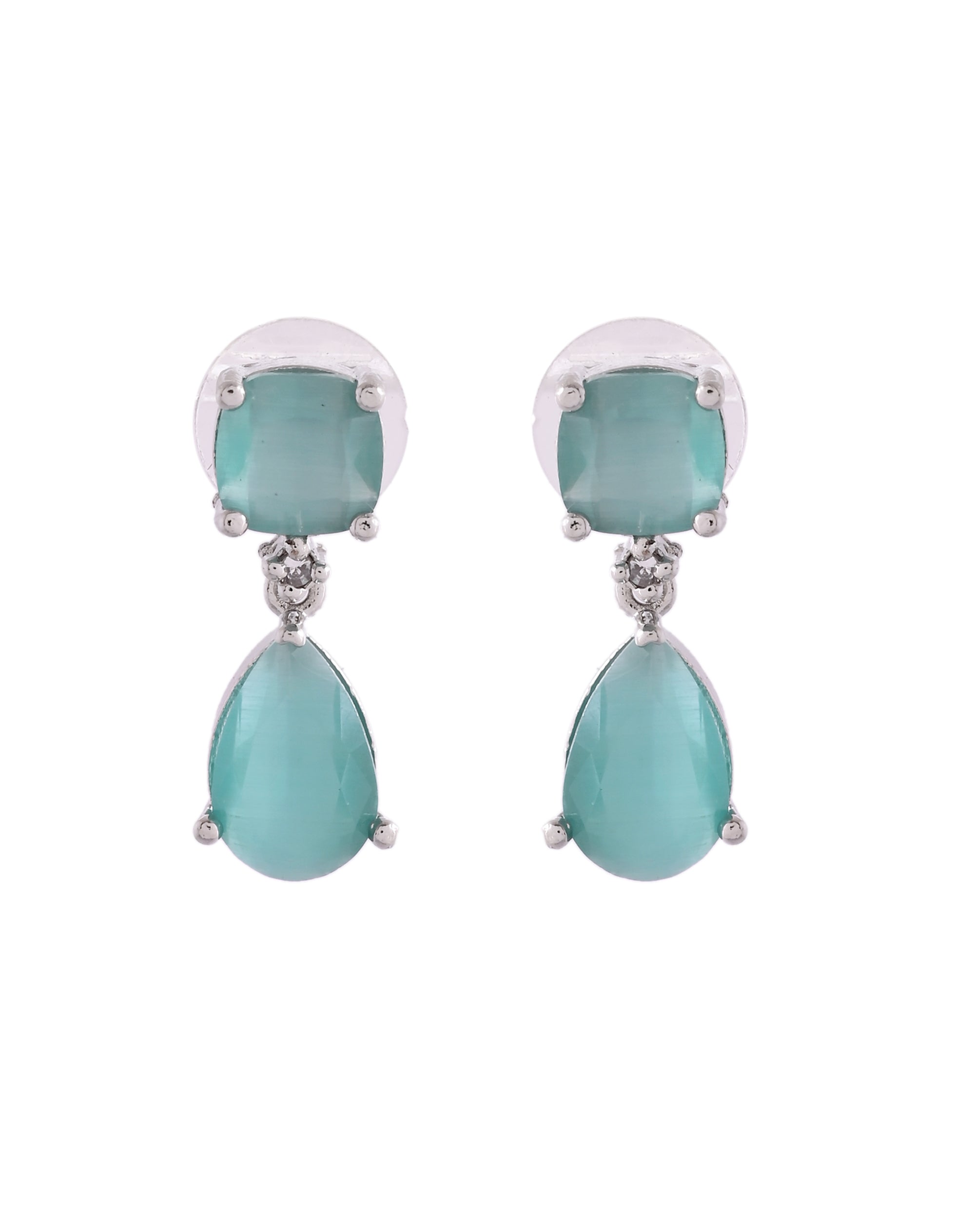 VOJ Silver Plated Sea Green Stone Studded Studs Earrings