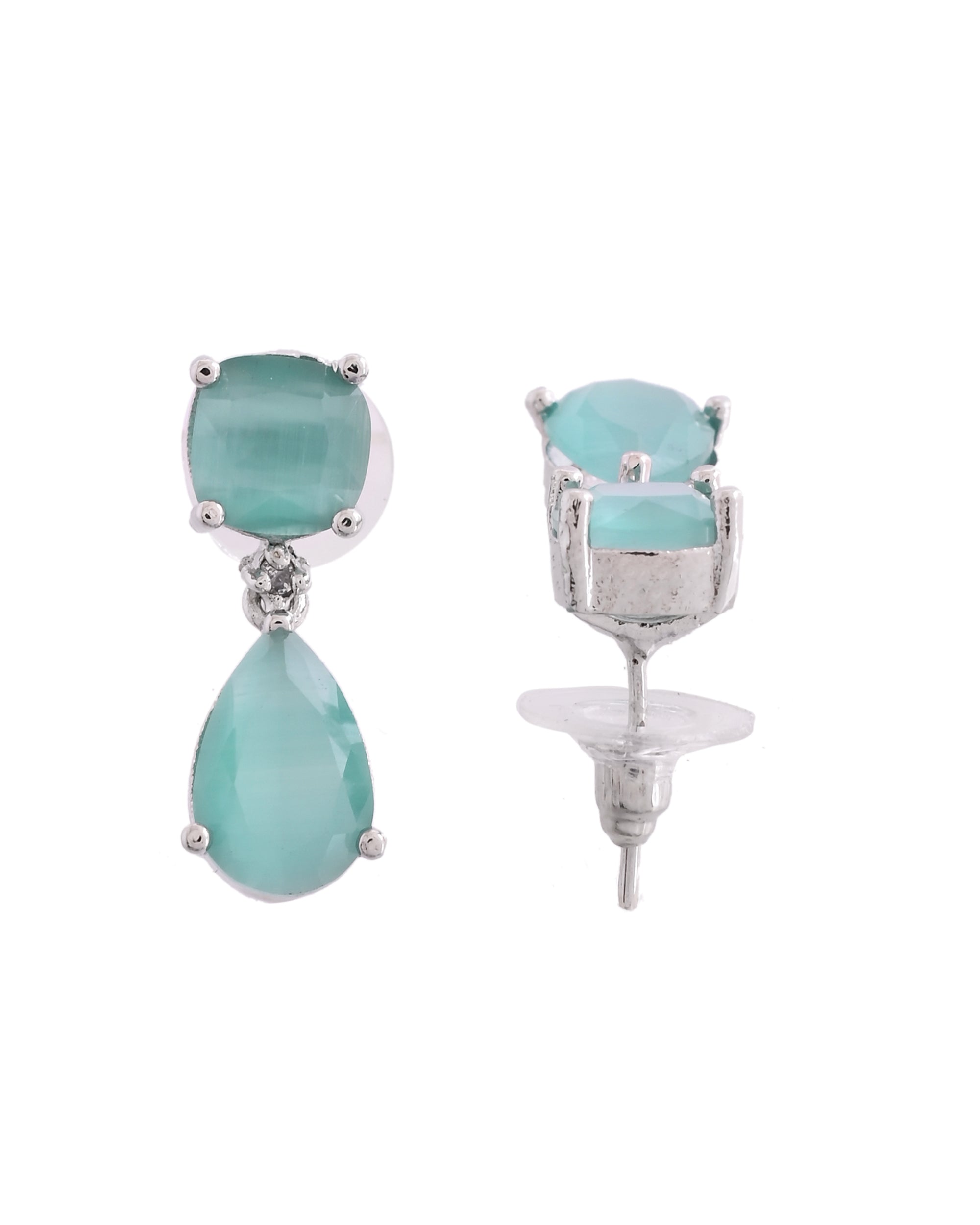 VOJ Silver Plated Sea Green Stone Studded Studs Earrings