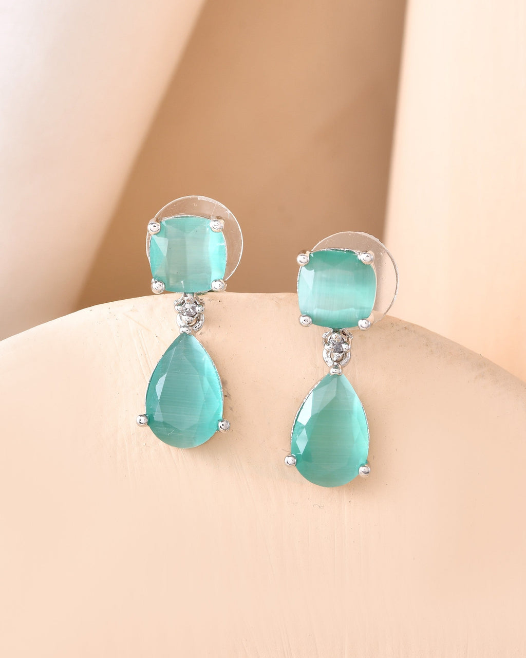 VOJ Silver Plated Sea Green Stone Studded Studs Earrings