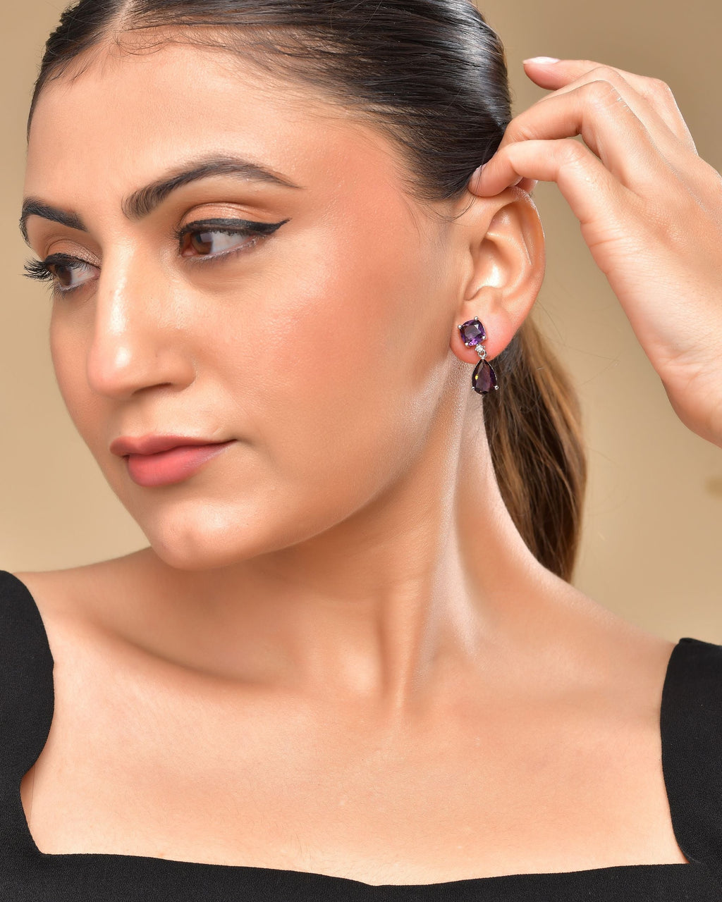 VOJ Silver Plated Purple Stone Studded Studs Earrings