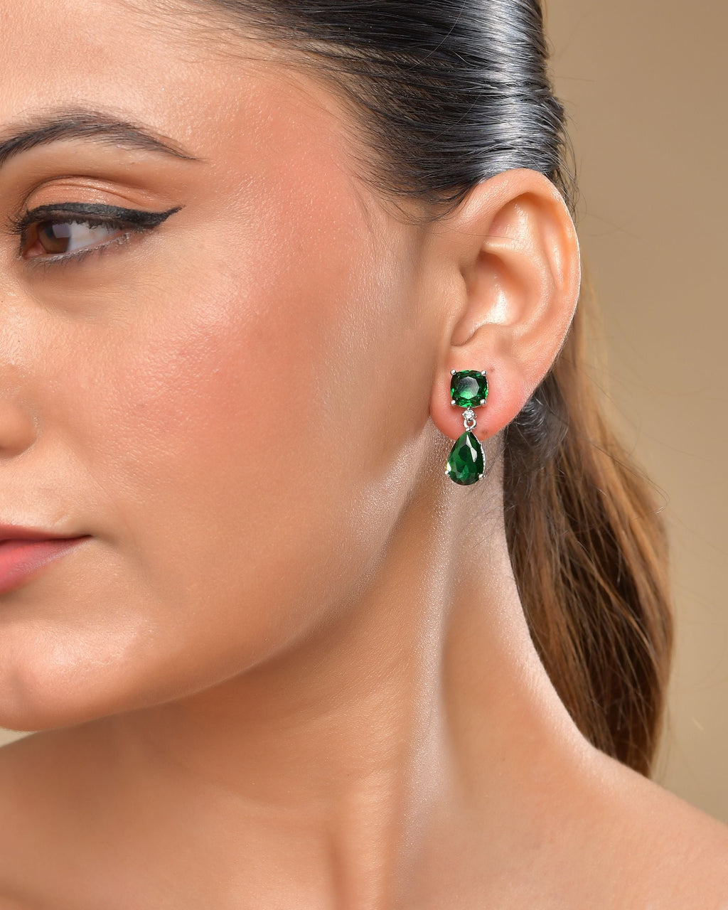 VOJ Silver Plated Green Stone Studded Studs Earrings