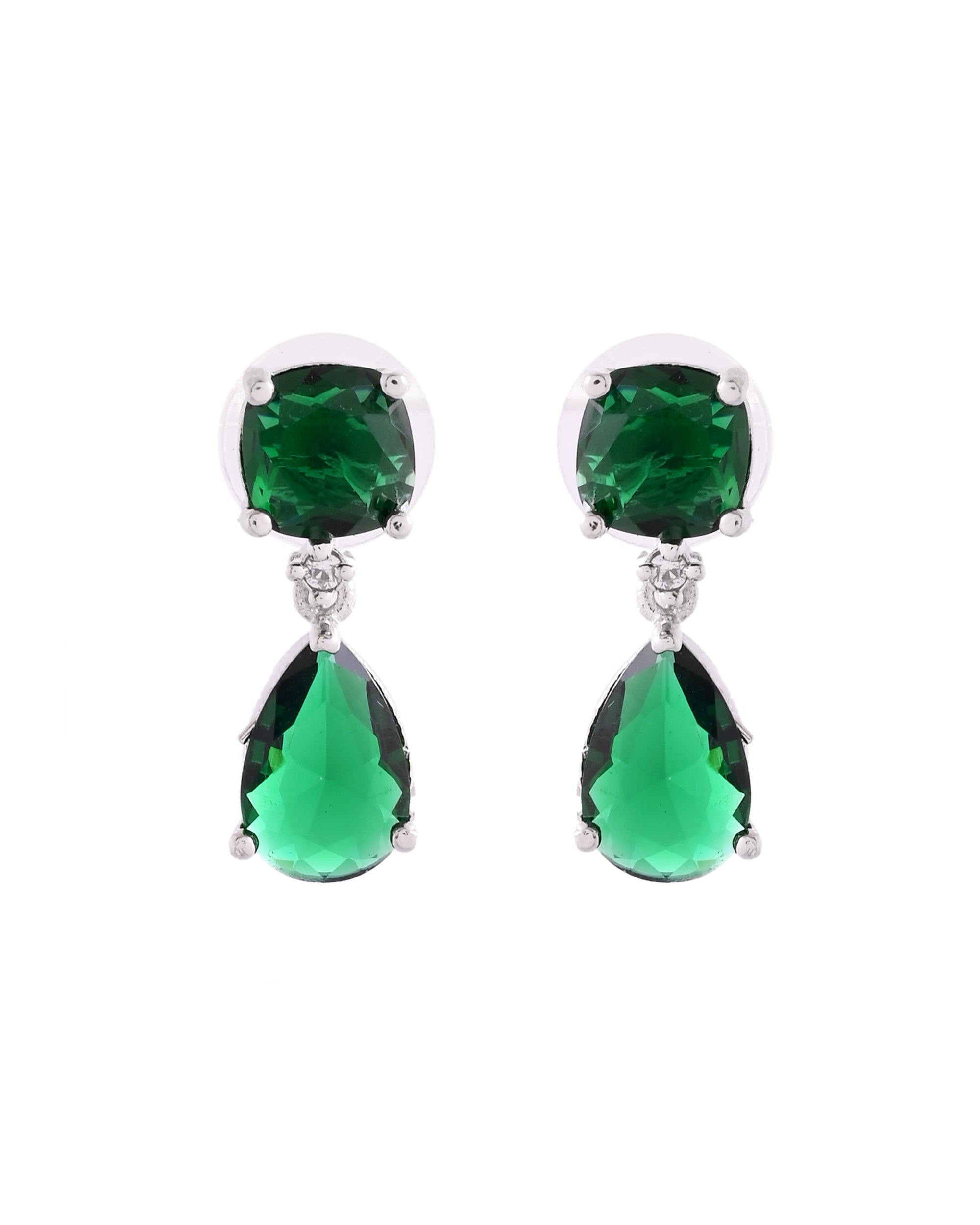 VOJ Silver Plated Green Stone Studded Studs Earrings