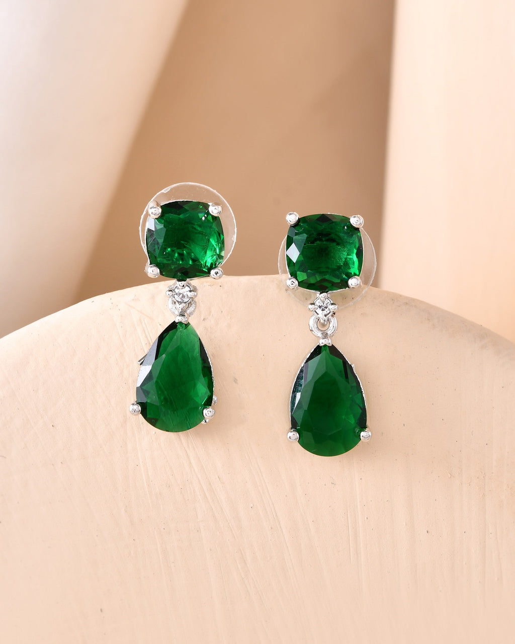 VOJ Silver Plated Green Stone Studded Studs Earrings