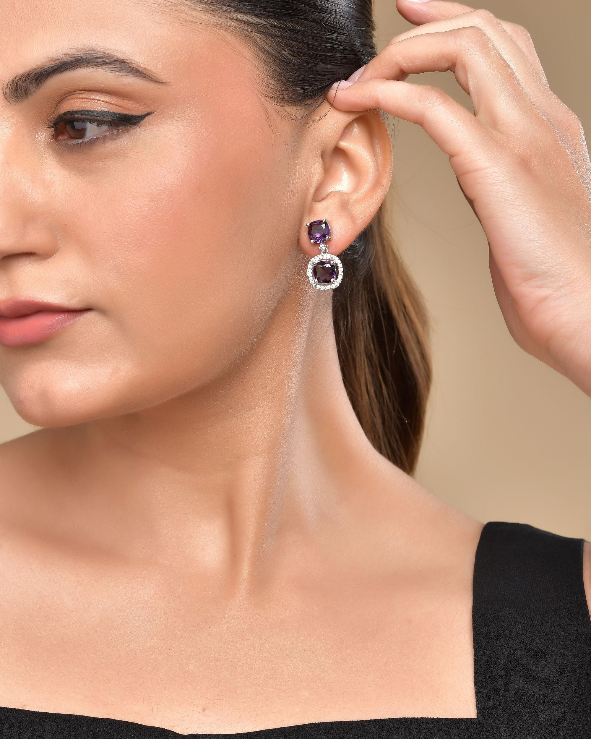 VOJ Silver Plated Purple Stone Geometrical Shaped Earrings