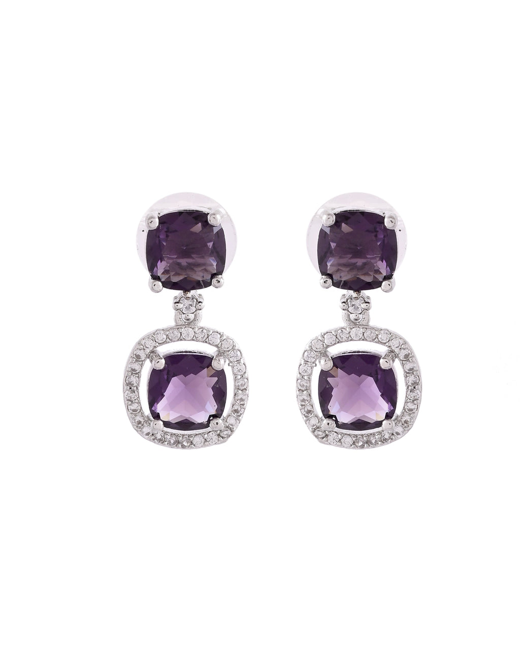 VOJ Silver Plated Purple Stone Geometrical Shaped Earrings