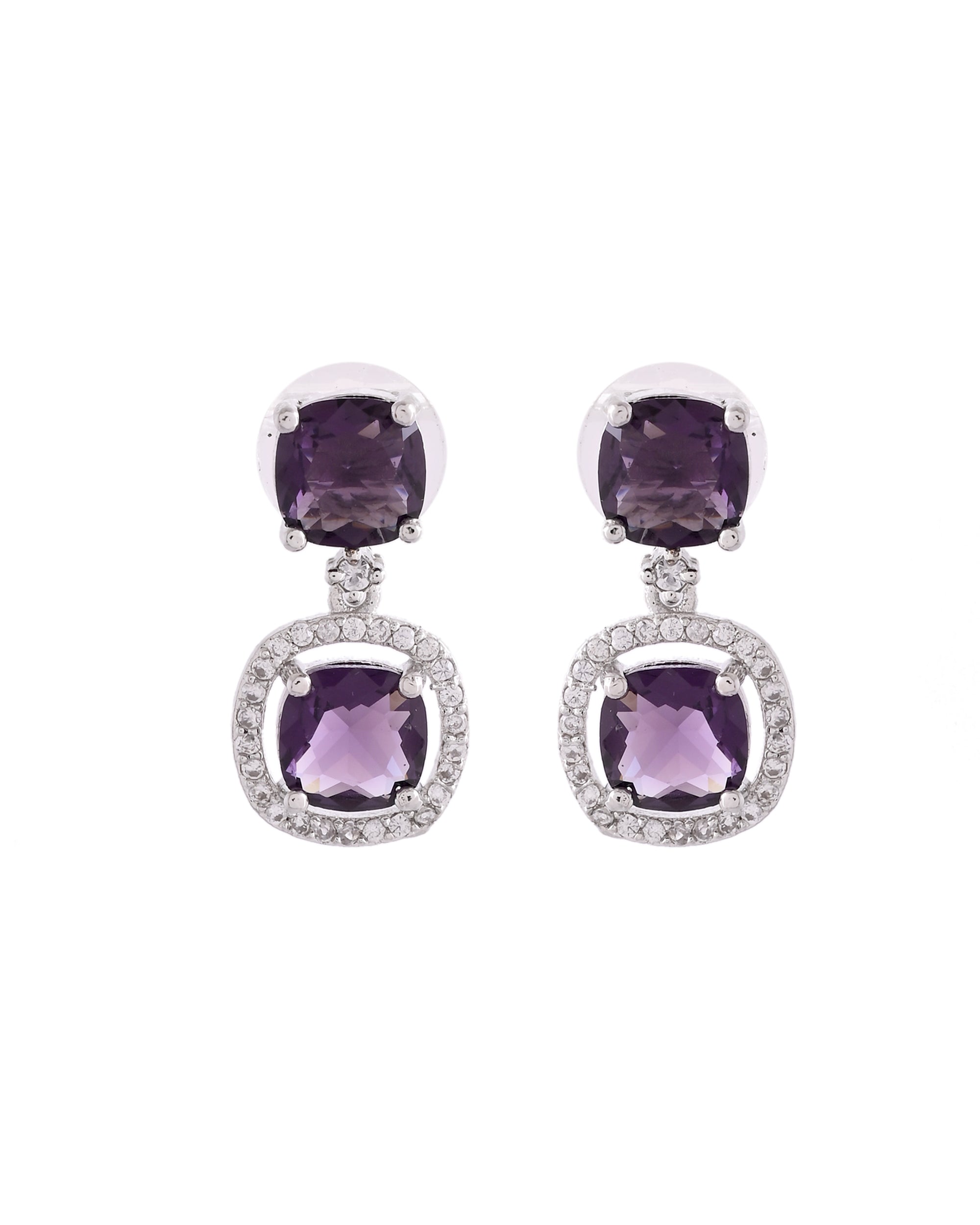 VOJ Silver Plated Purple Stone Geometrical Shaped Earrings