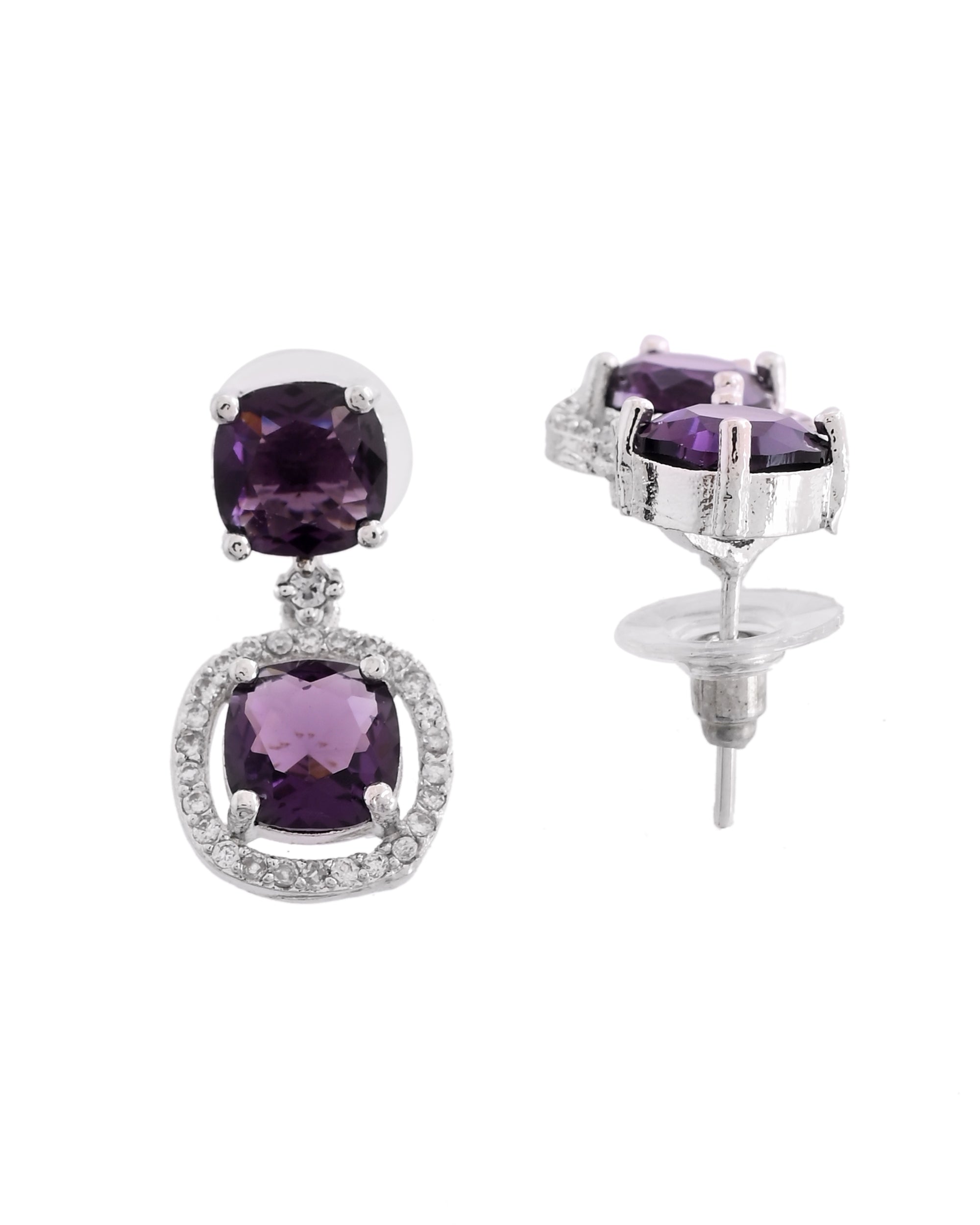 VOJ Silver Plated Purple Stone Geometrical Shaped Earrings
