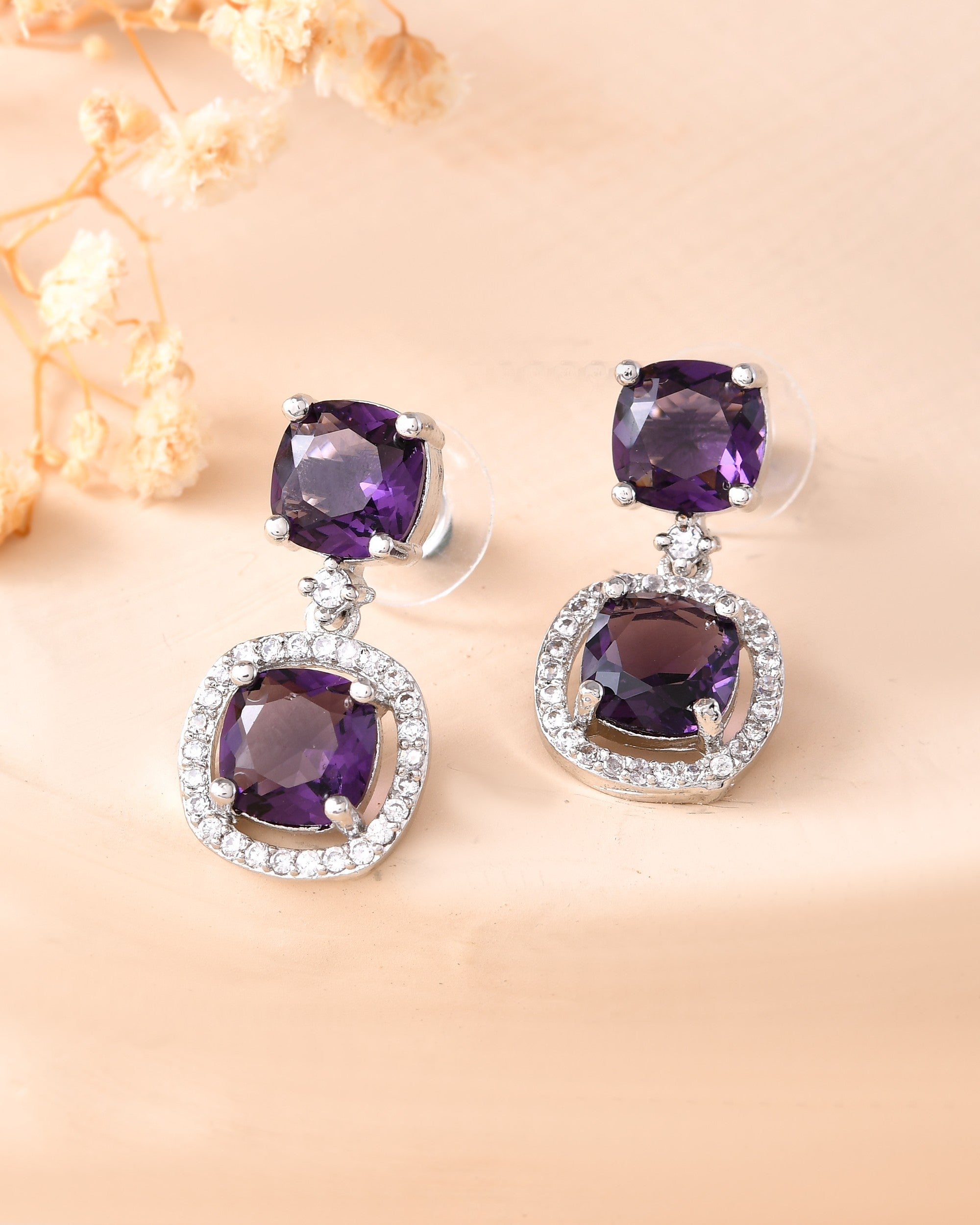 VOJ Silver Plated Purple Stone Geometrical Shaped Earrings